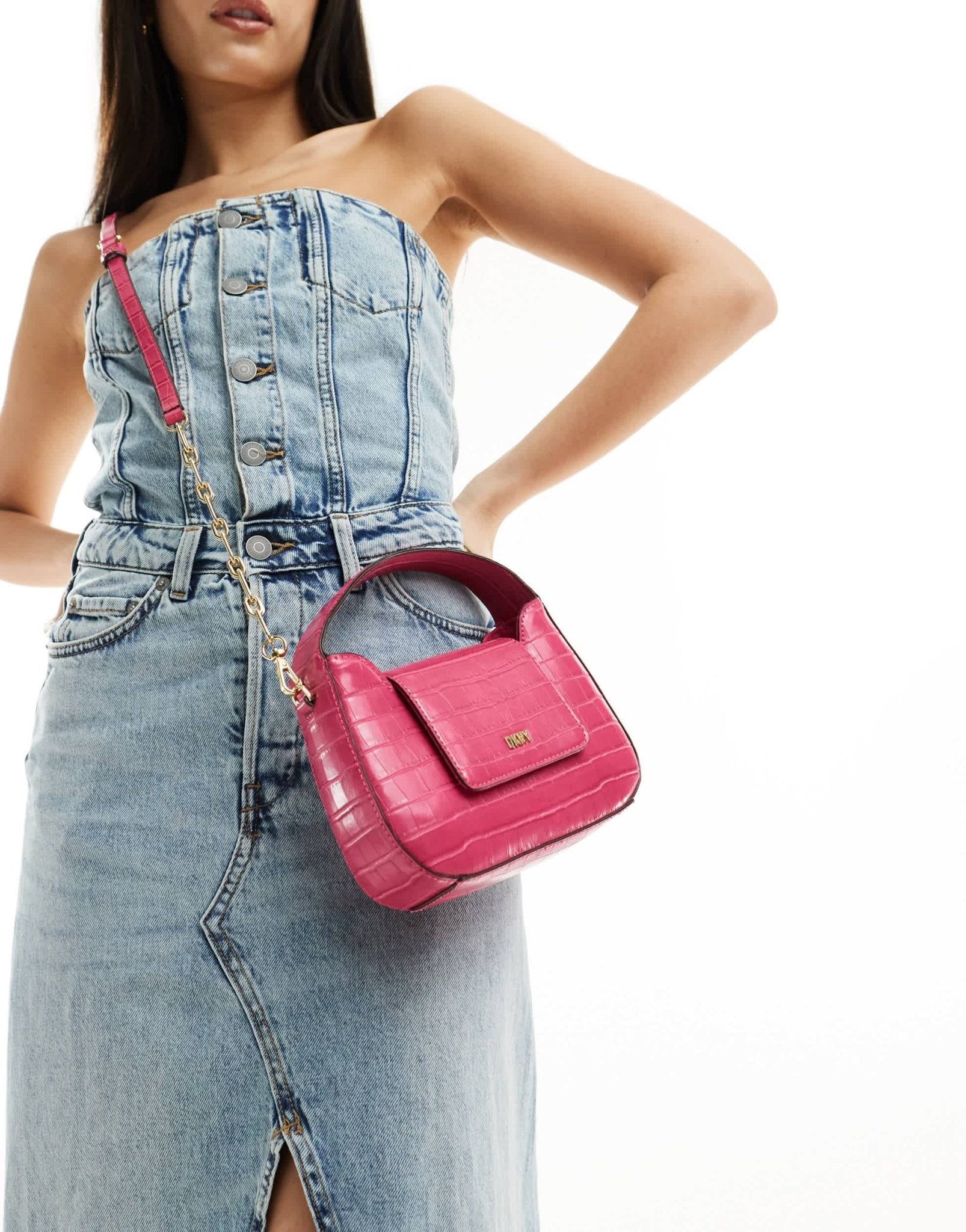 DKNY Arden top handle bag with cross body strap in pink croc - ASOS Sample Sale EU Store