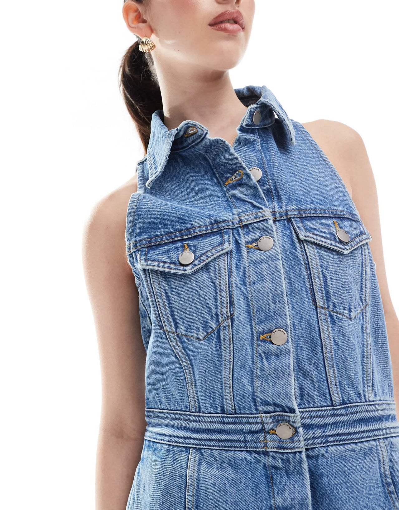 Dr Denim Kinsley button front sleeveless collar mini dress in mid wash blue - ASOS Sample Sale EU Store