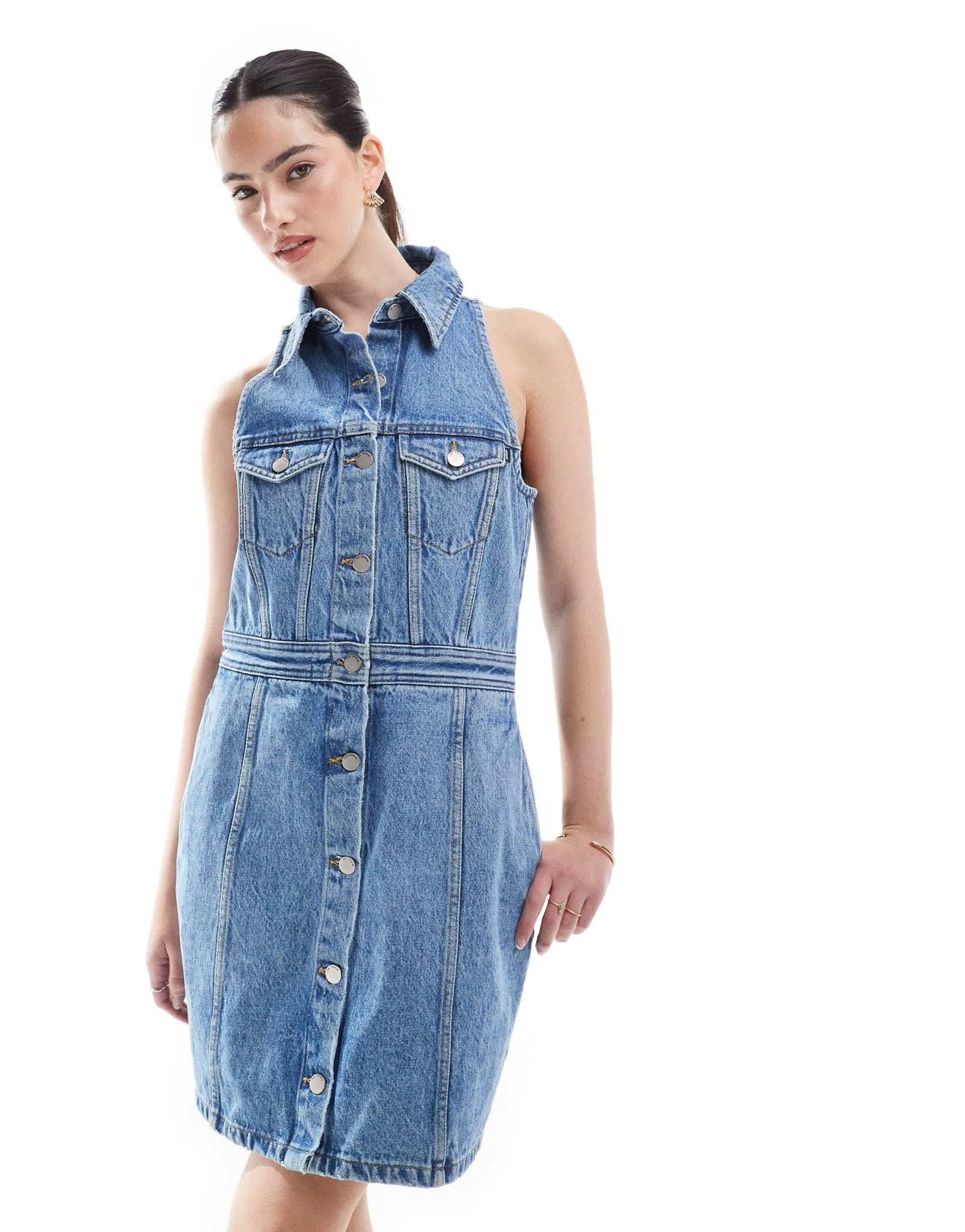 Dr Denim Kinsley button front sleeveless collar mini dress in mid wash blue - ASOS Sample Sale EU Store