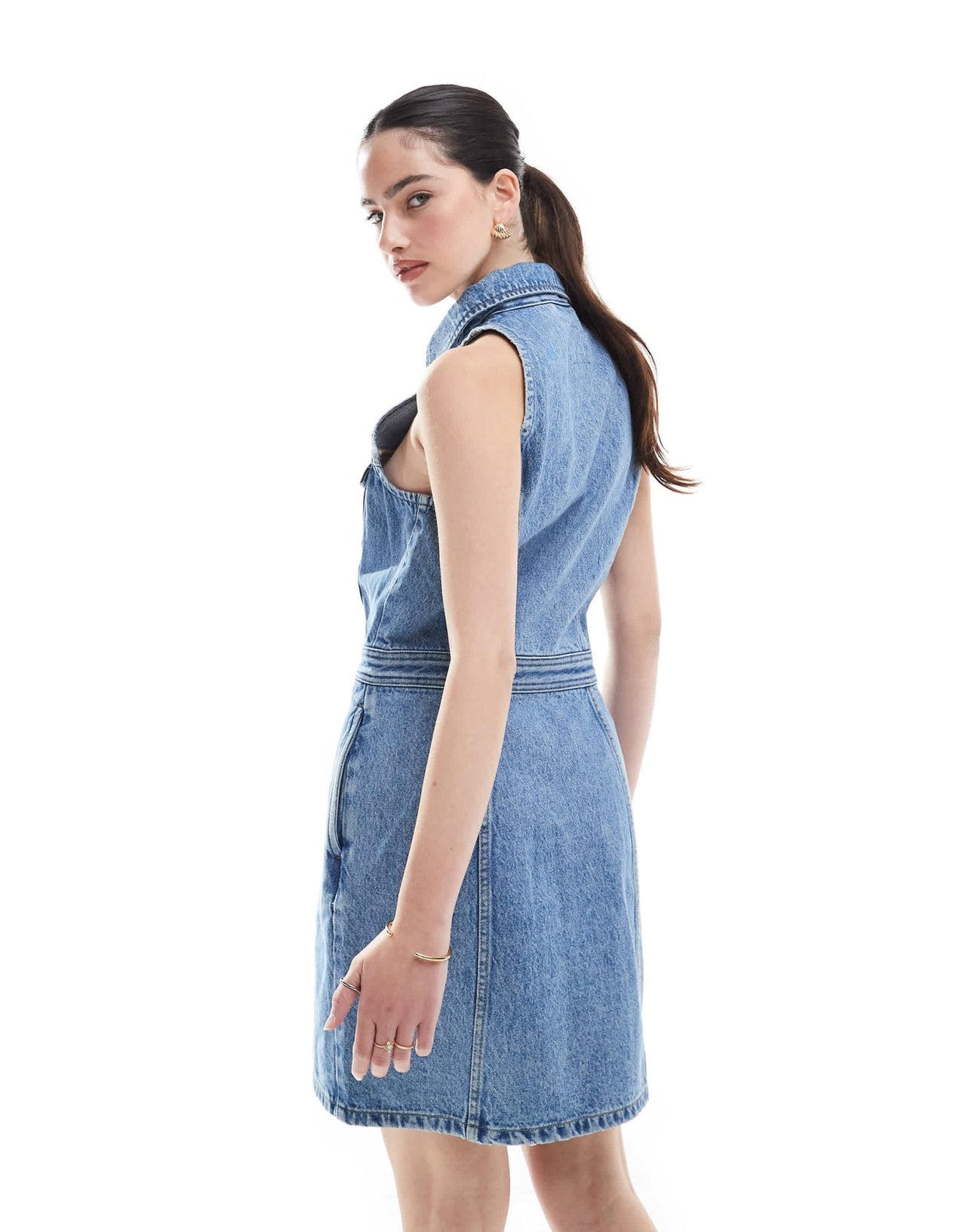 Dr Denim Kinsley button front sleeveless collar mini dress in mid wash blue - ASOS Sample Sale EU Store