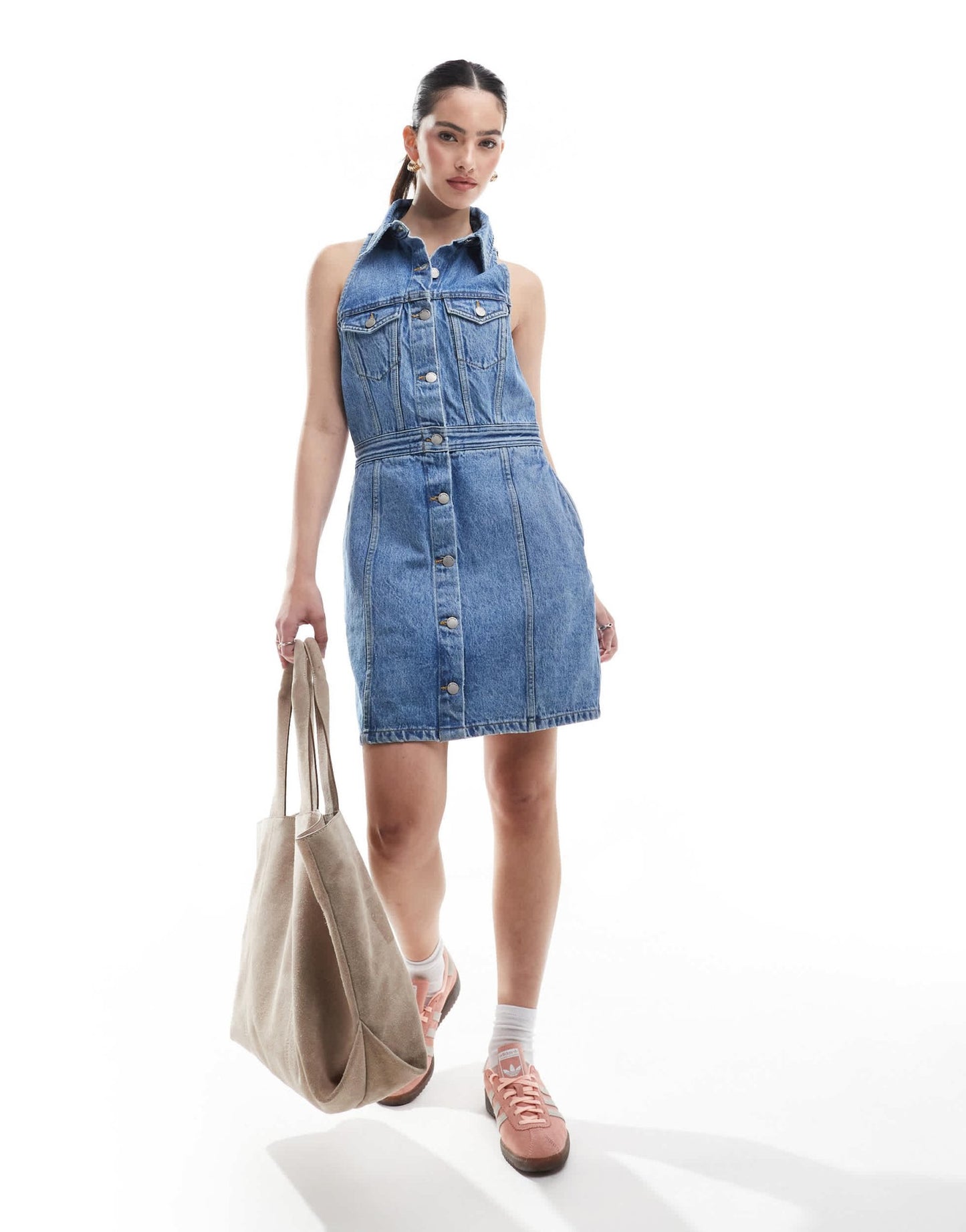 Dr Denim Kinsley button front sleeveless collar mini dress in mid wash blue - ASOS Sample Sale EU Store