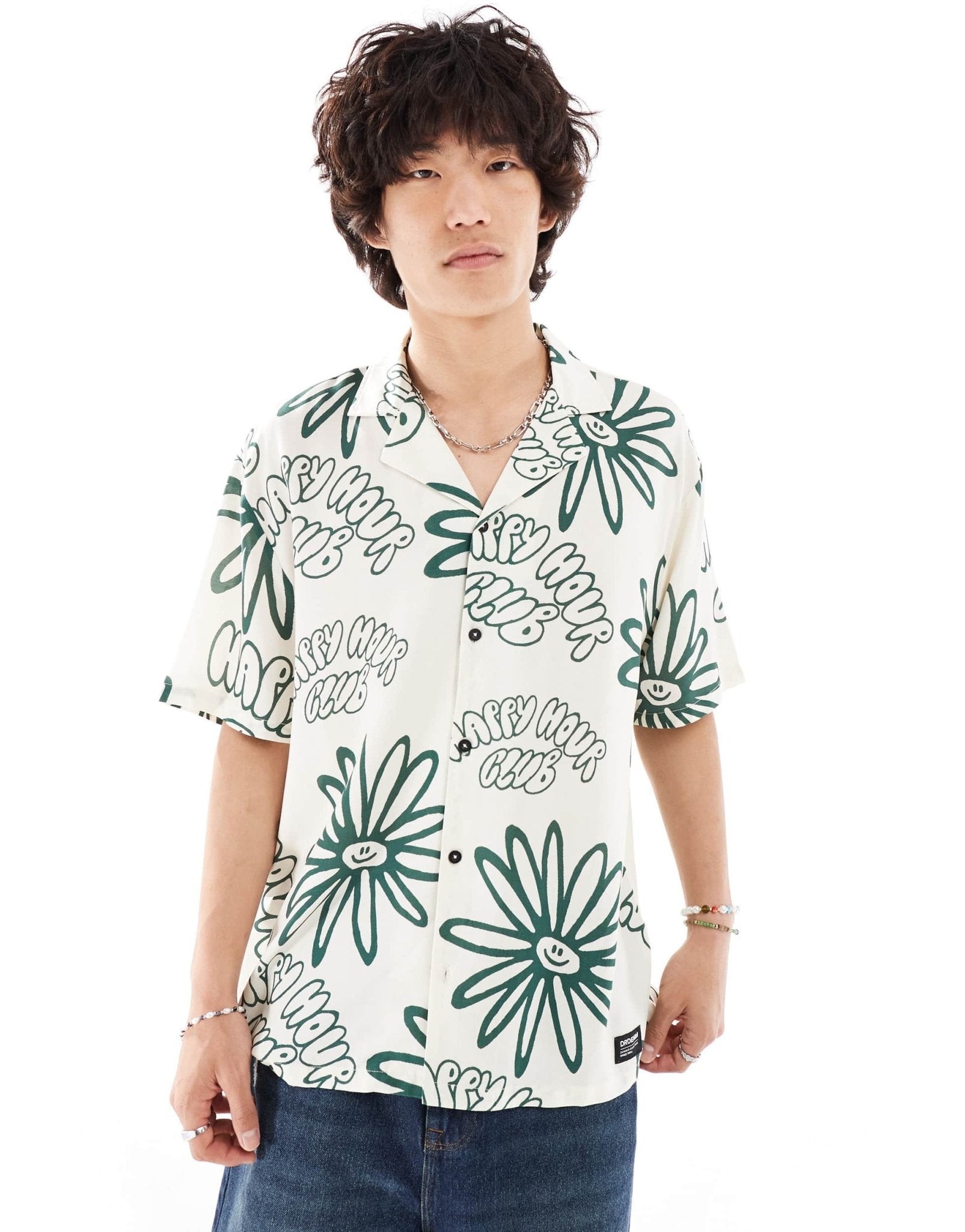 Dr Denim Madi short sleeve relaxed fit summer shirt in green resort print ecru - ASOS Sample Sale EU Store