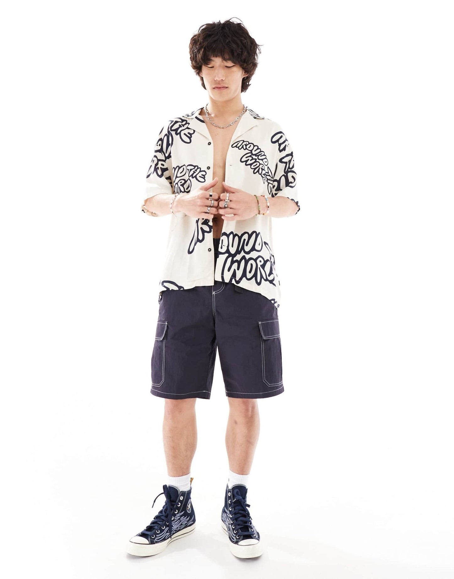 Dr Denim Madi short sleeve relaxed fit summer shirt with navy graphics in ecru exclusive to ASOS - ASOS Sample Sale EU Store