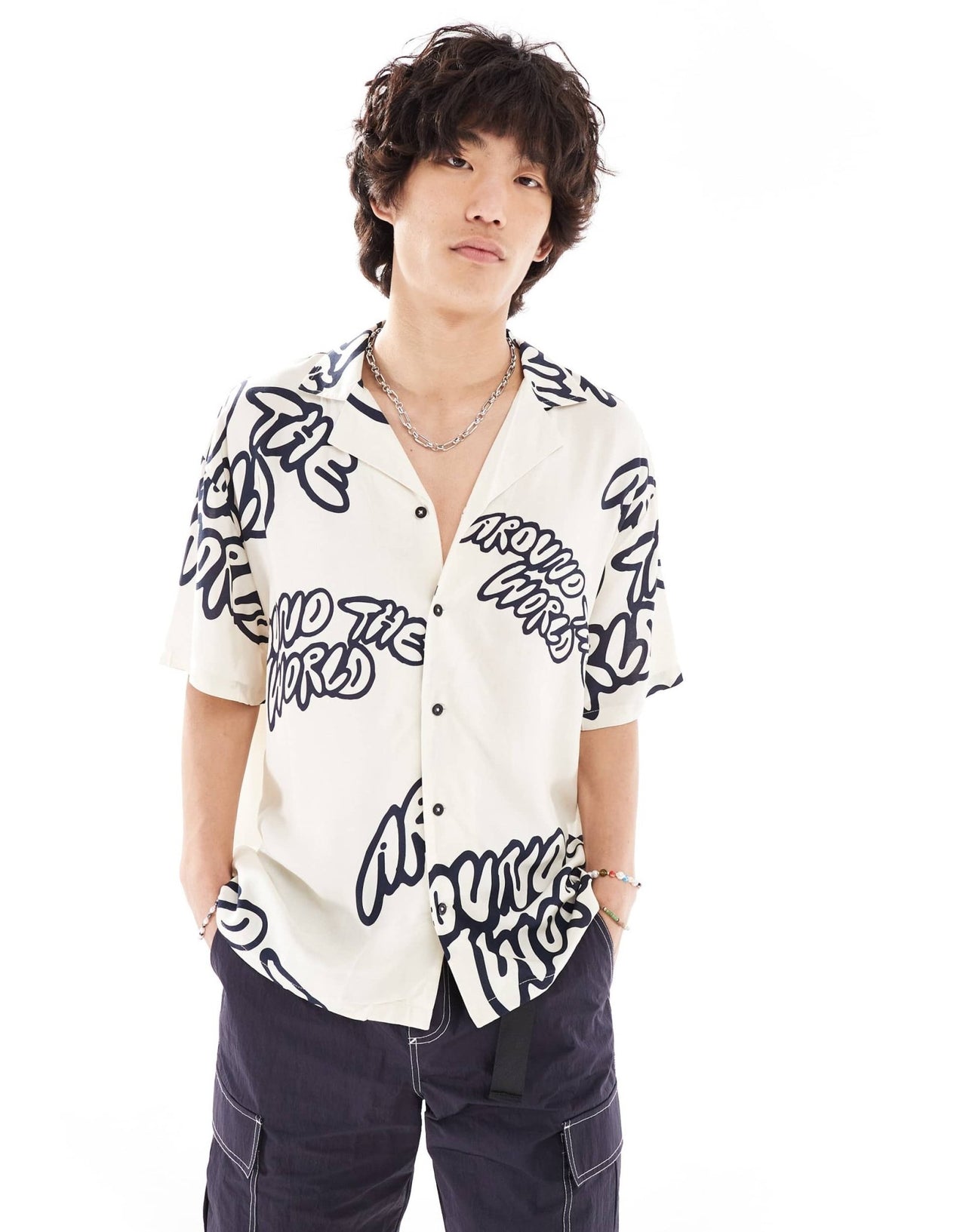 Dr Denim Madi short sleeve relaxed fit summer shirt with navy graphics in ecru exclusive to ASOS - ASOS Sample Sale EU Store