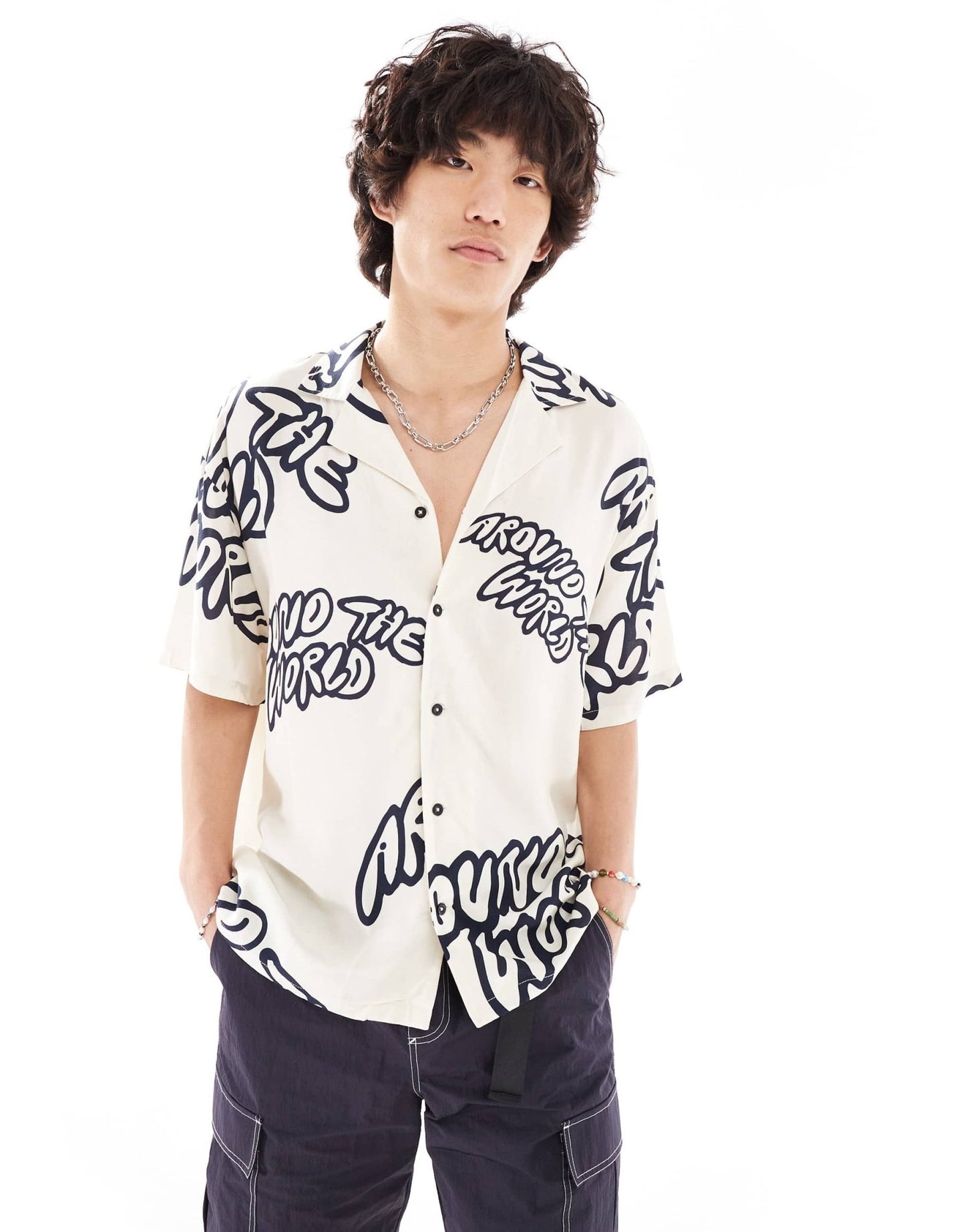 Dr Denim Madi short sleeve relaxed fit summer shirt with navy graphics in ecru exclusive to ASOS - ASOS Sample Sale EU Store