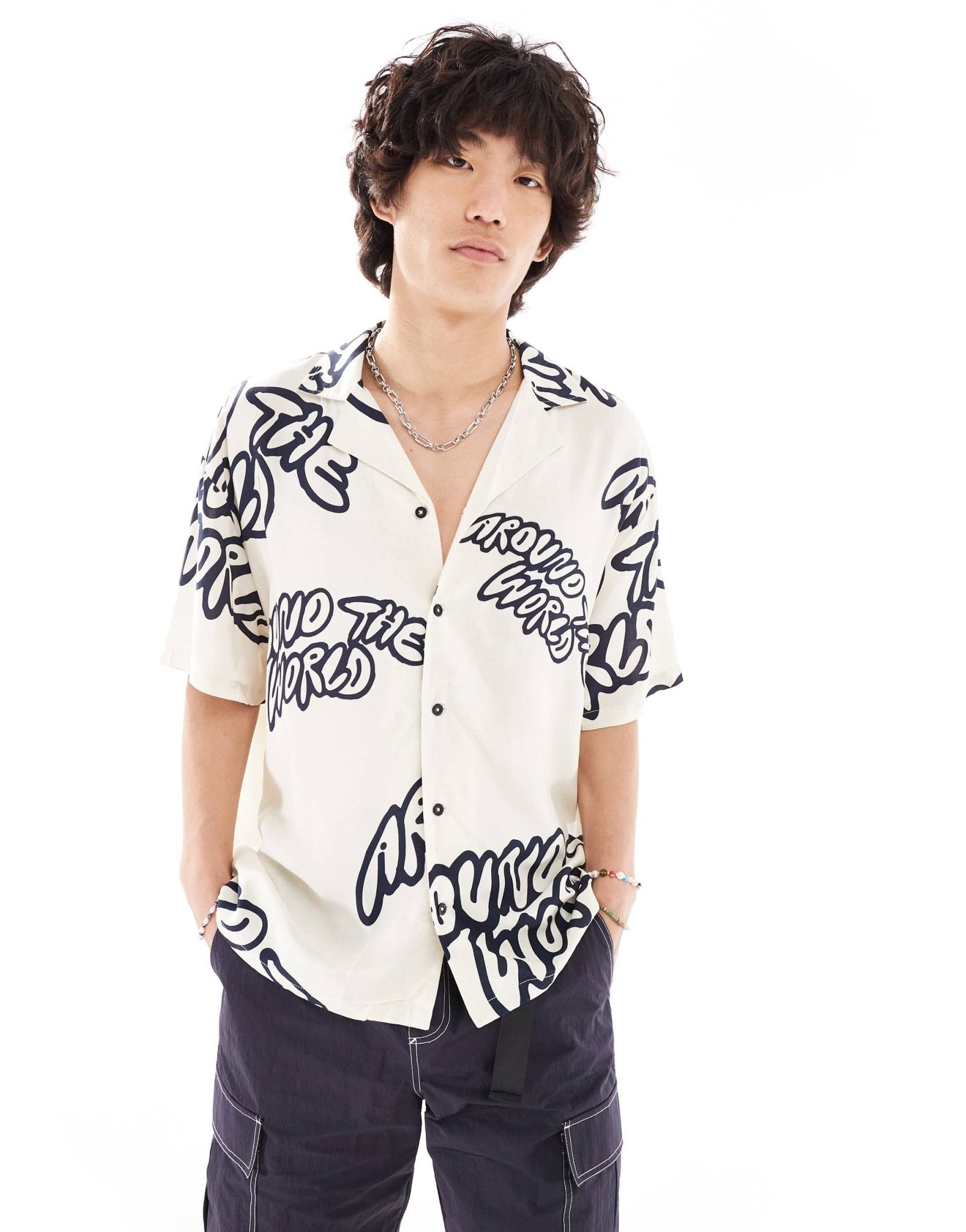 Dr Denim Madi short sleeve relaxed fit summer shirt with navy graphics in ecru exclusive to ASOS - ASOS Sample Sale EU Store