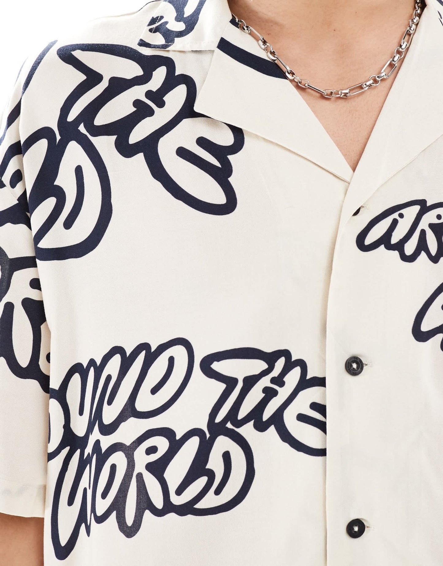 Dr Denim Madi short sleeve relaxed fit summer shirt with navy graphics in ecru exclusive to ASOS - ASOS Sample Sale EU Store