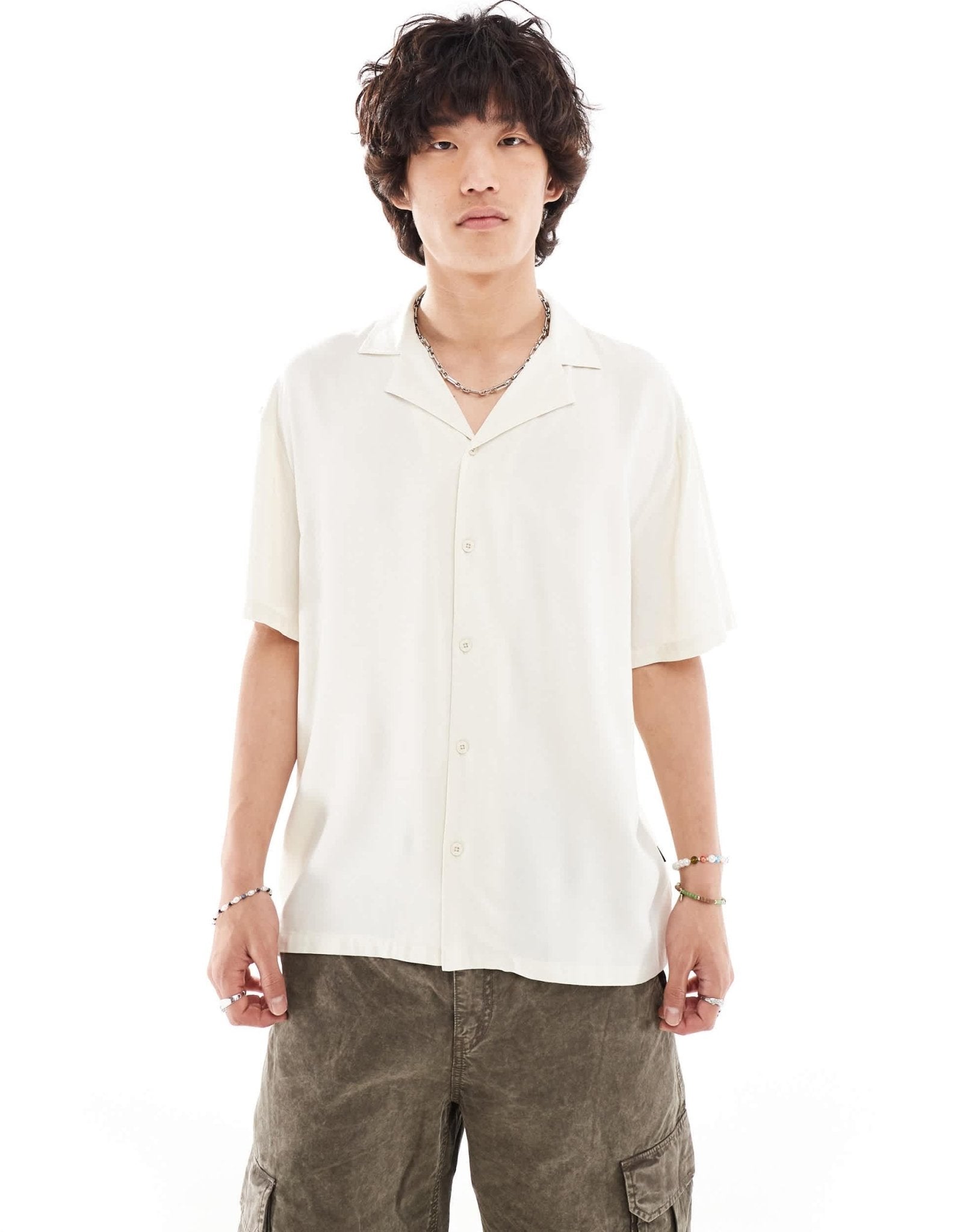 Dr Denim Madi short sleeve relaxed fit summer shirt with world back graphic print in ecru exclusive to ASOS - ASOS Sample Sale EU Store