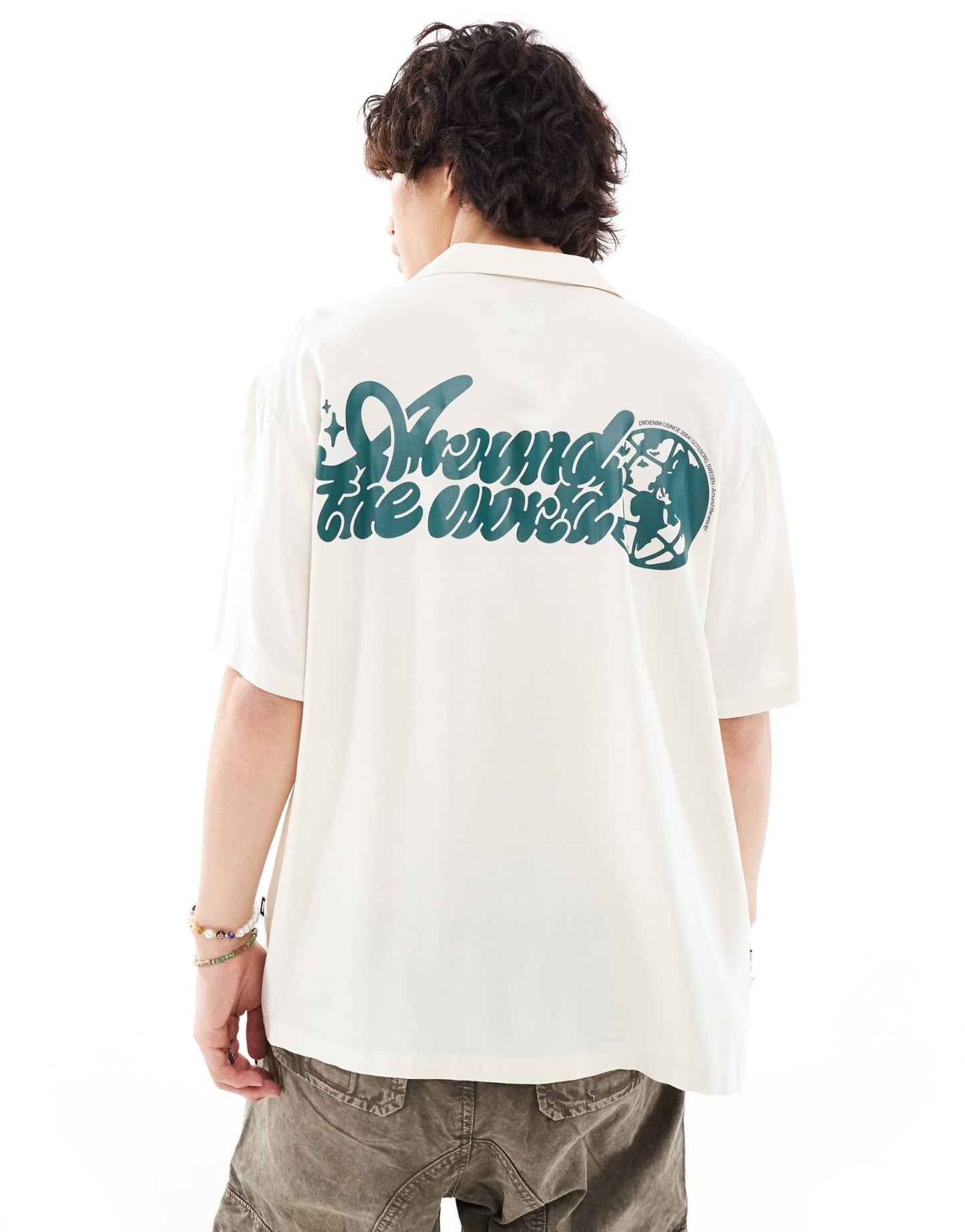 Dr Denim Madi short sleeve relaxed fit summer shirt with world back graphic print in ecru exclusive to ASOS - ASOS Sample Sale EU Store