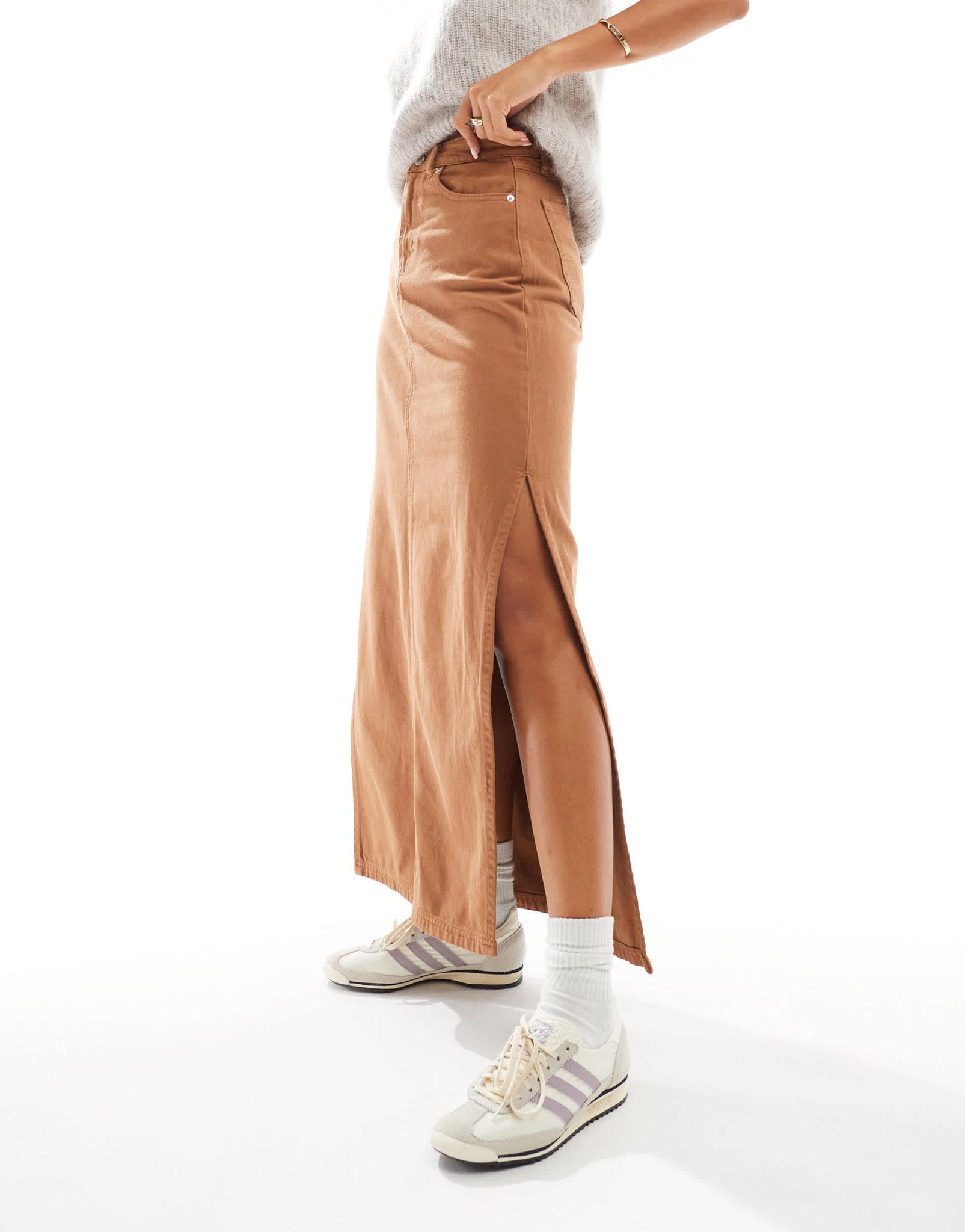 DTT denim maxi skirt with side split in tan - ASOS Sample Sale EU Store