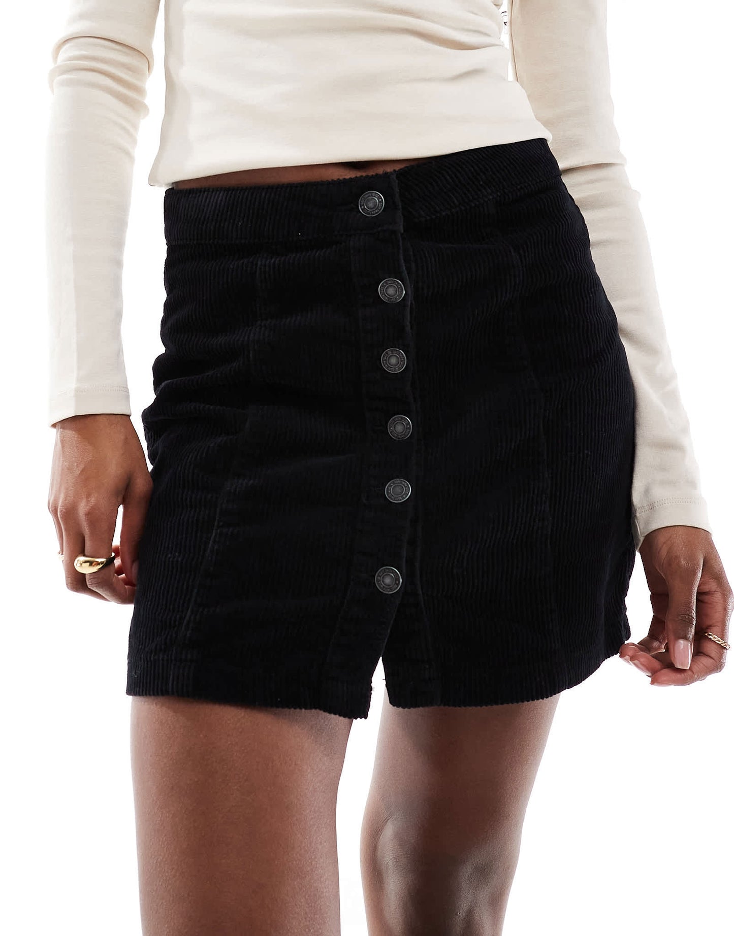 DTT Jordan cord button front mini skirt in black - ASOS Sample Sale EU Store