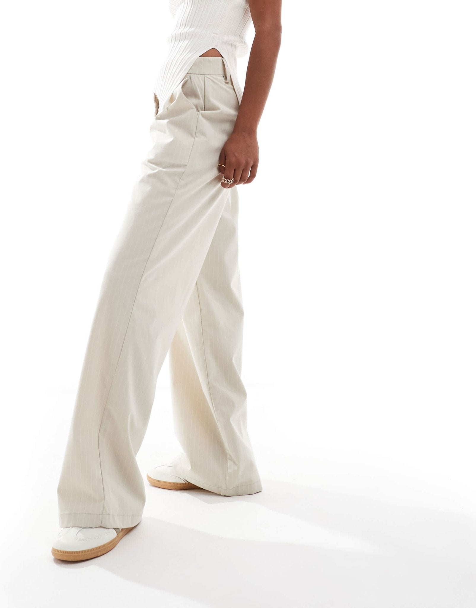 DTT Petite high waisted pinstripe trousers in light stone - ASOS Sample Sale EU Store