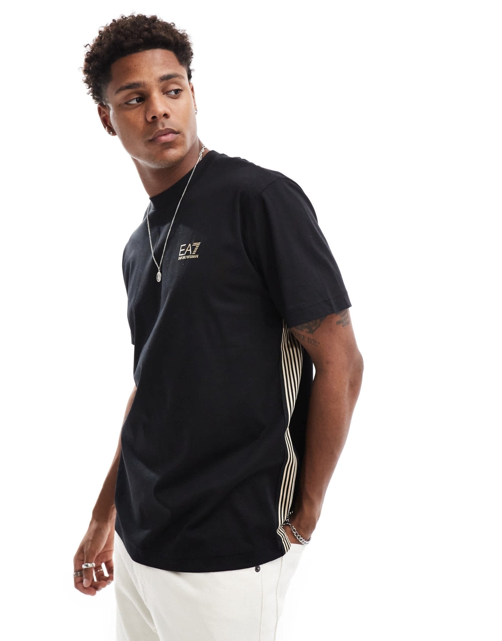 EA7 t-shirt in black with gold logo and side stripes - ASOS Sample Sale EU Store