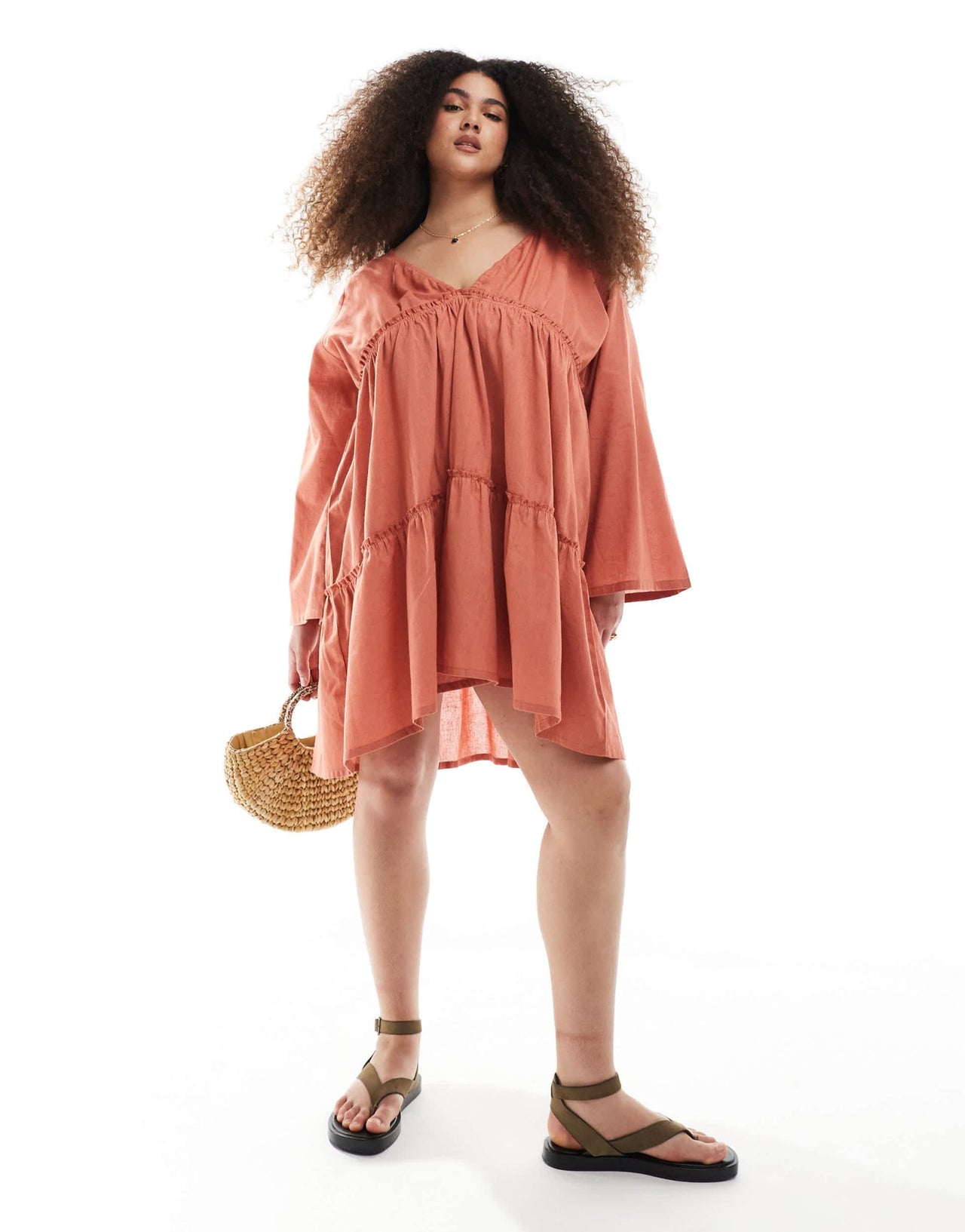 Esmee Curve Exclusive tiered long sleeve mini beach dress in rust - ASOS Sample Sale EU Store