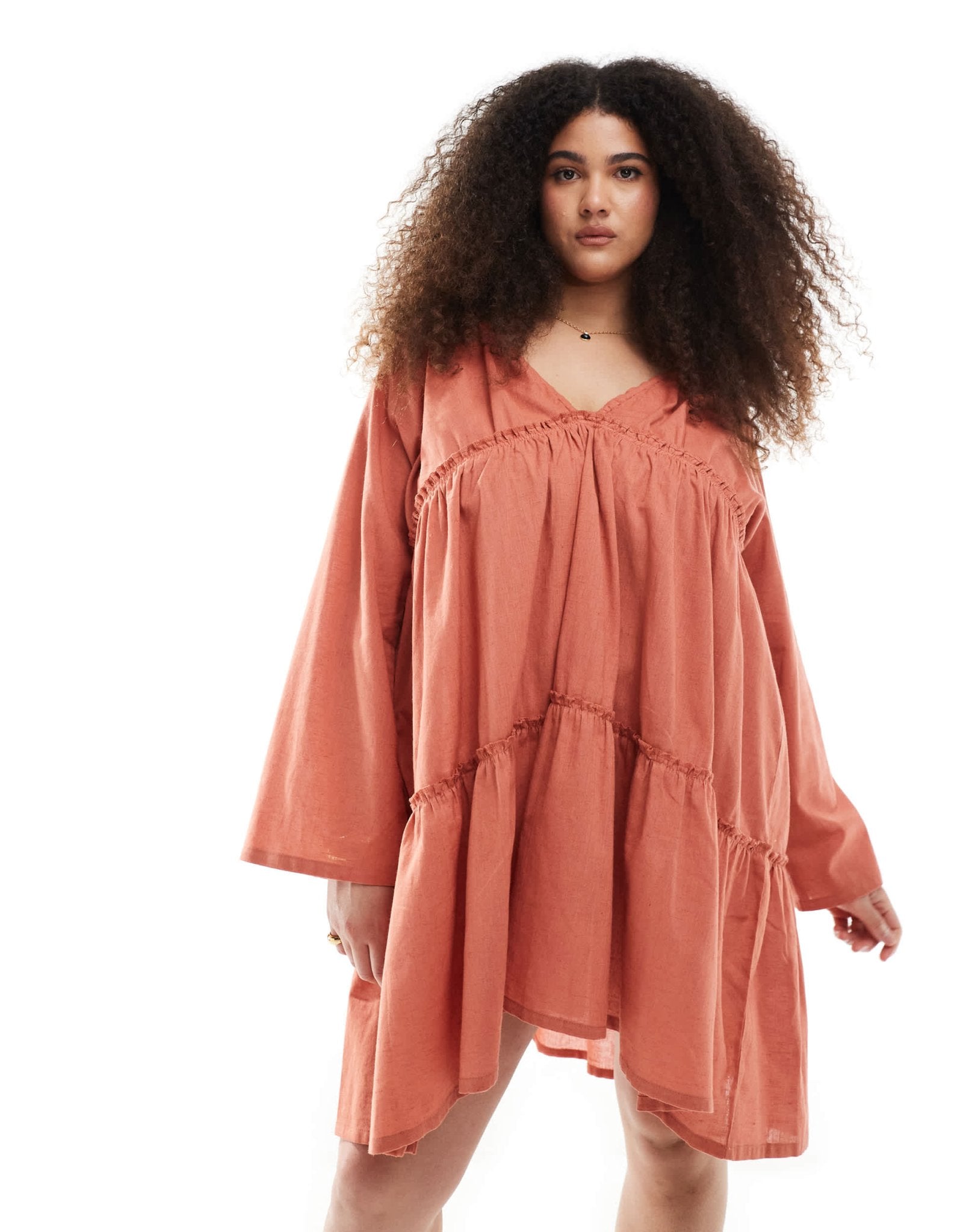 Esmee Curve Exclusive tiered long sleeve mini beach dress in rust - ASOS Sample Sale EU Store