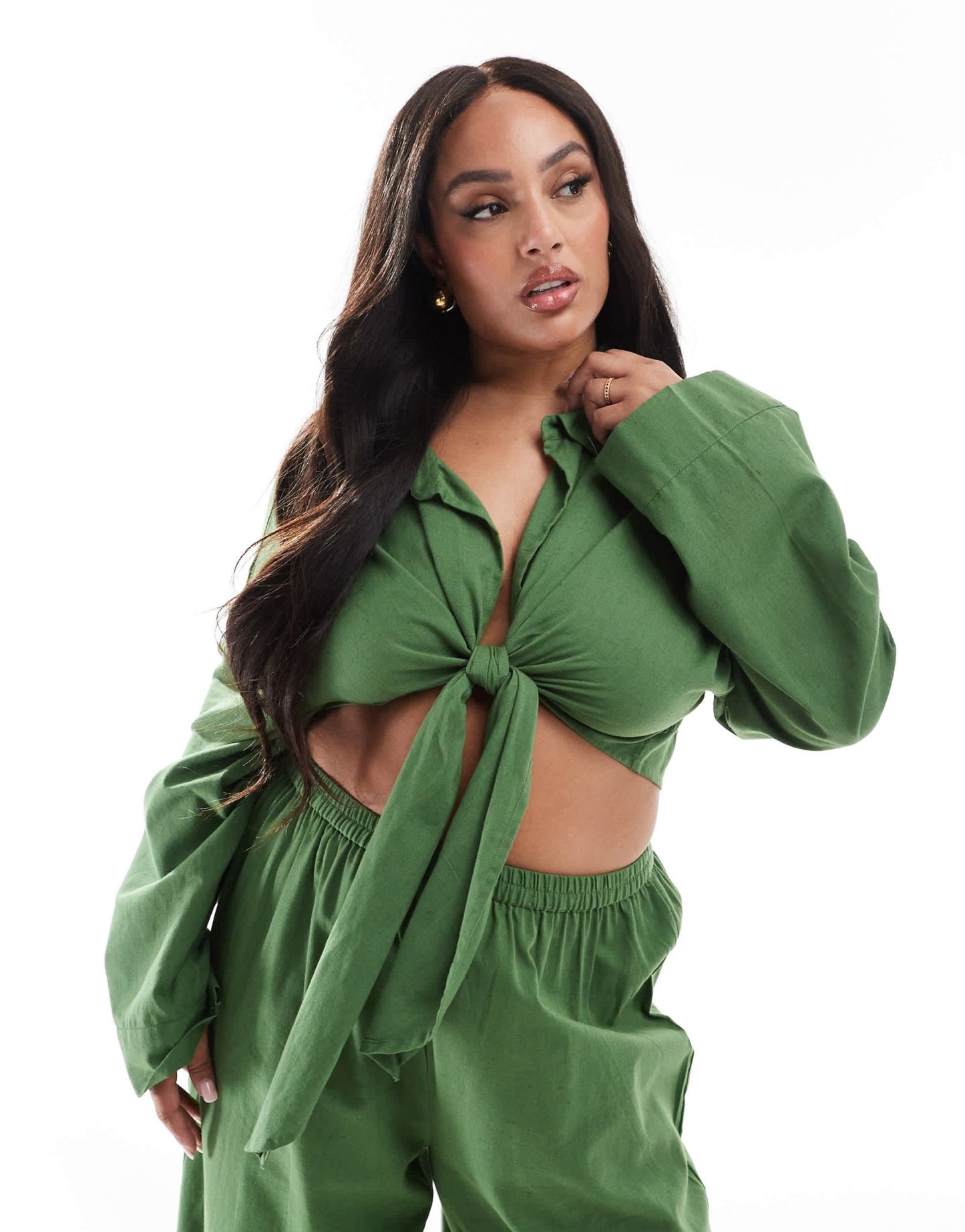 Esmee Curve Exclusiveloose tie front beach shirt co - ord in olive - ASOS Sample Sale EU Store