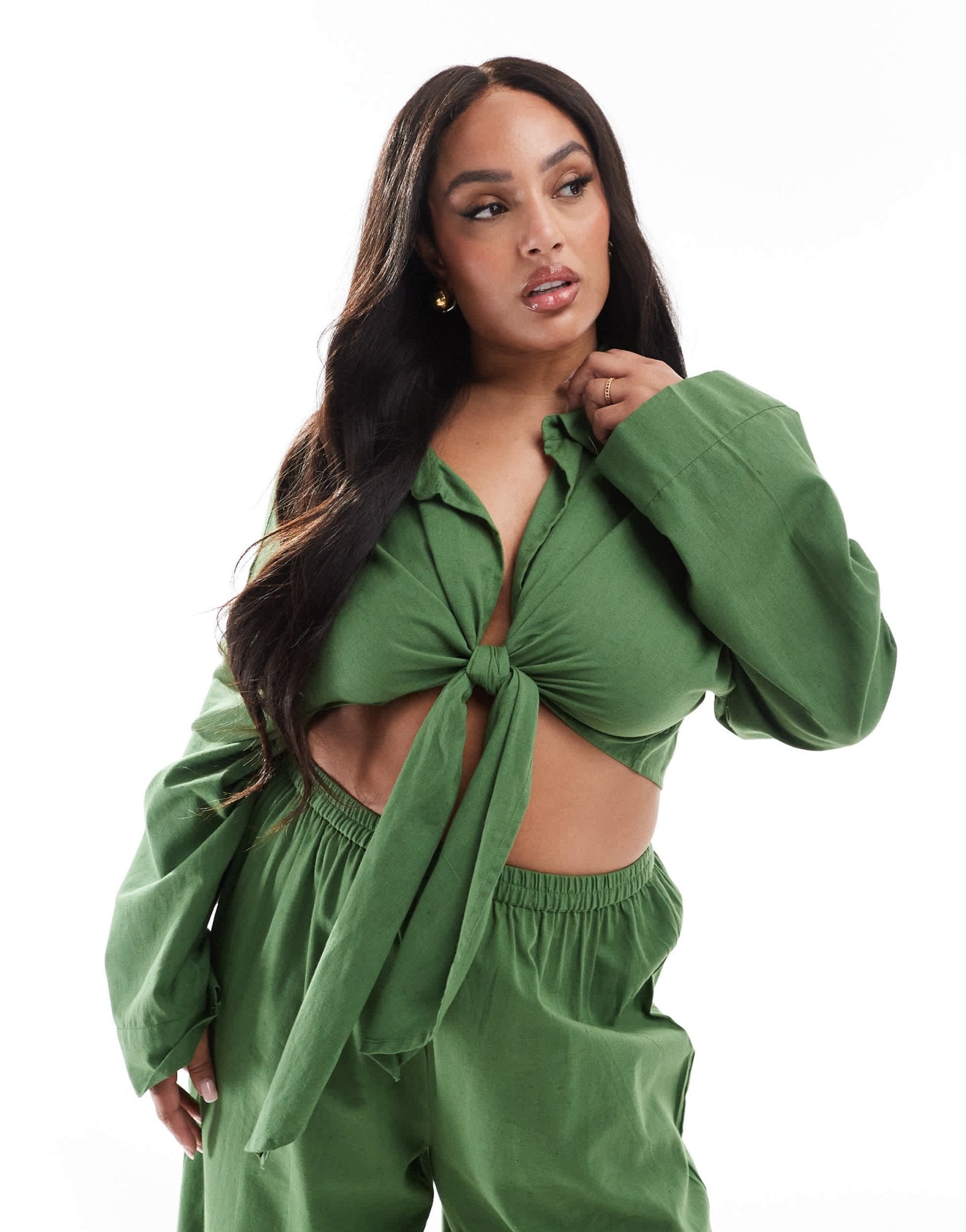 Esmee Curve Exclusiveloose tie front beach shirt co - ord in olive - ASOS Sample Sale EU Store