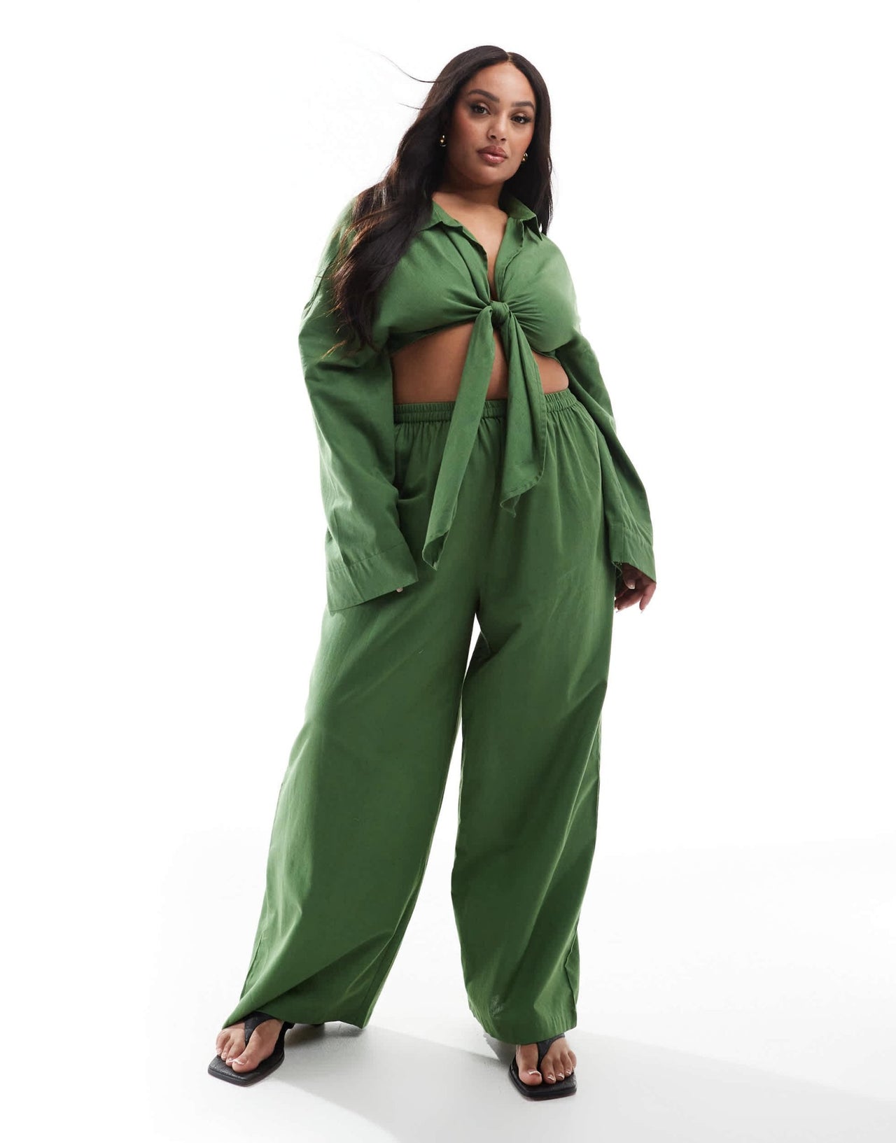 Esmee Curve Exclusiveloose tie front beach shirt co - ord in olive - ASOS Sample Sale EU Store