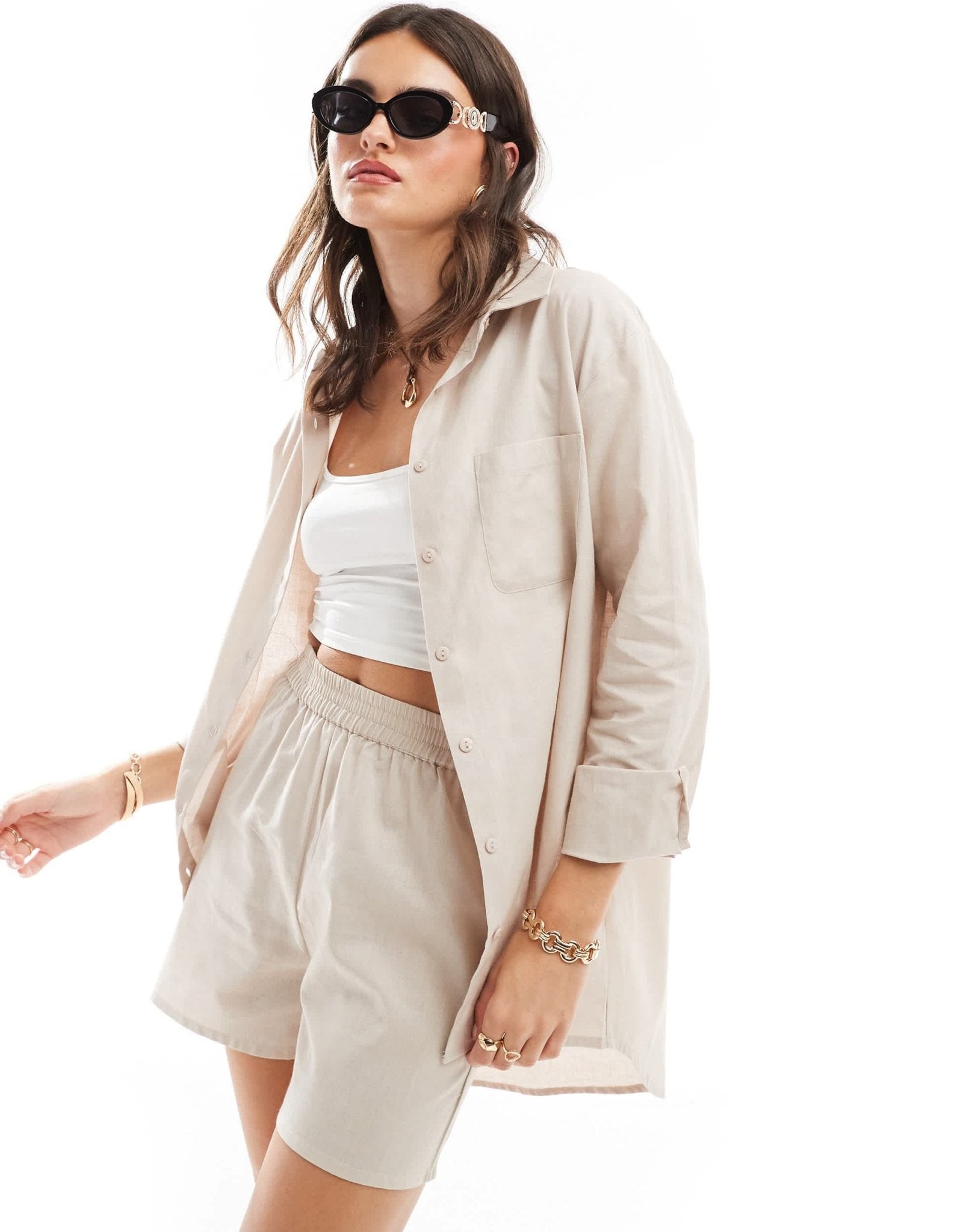 Esmee Exclusive oversized long sleeve beach shirt in oat - ASOS Sample Sale EU Store