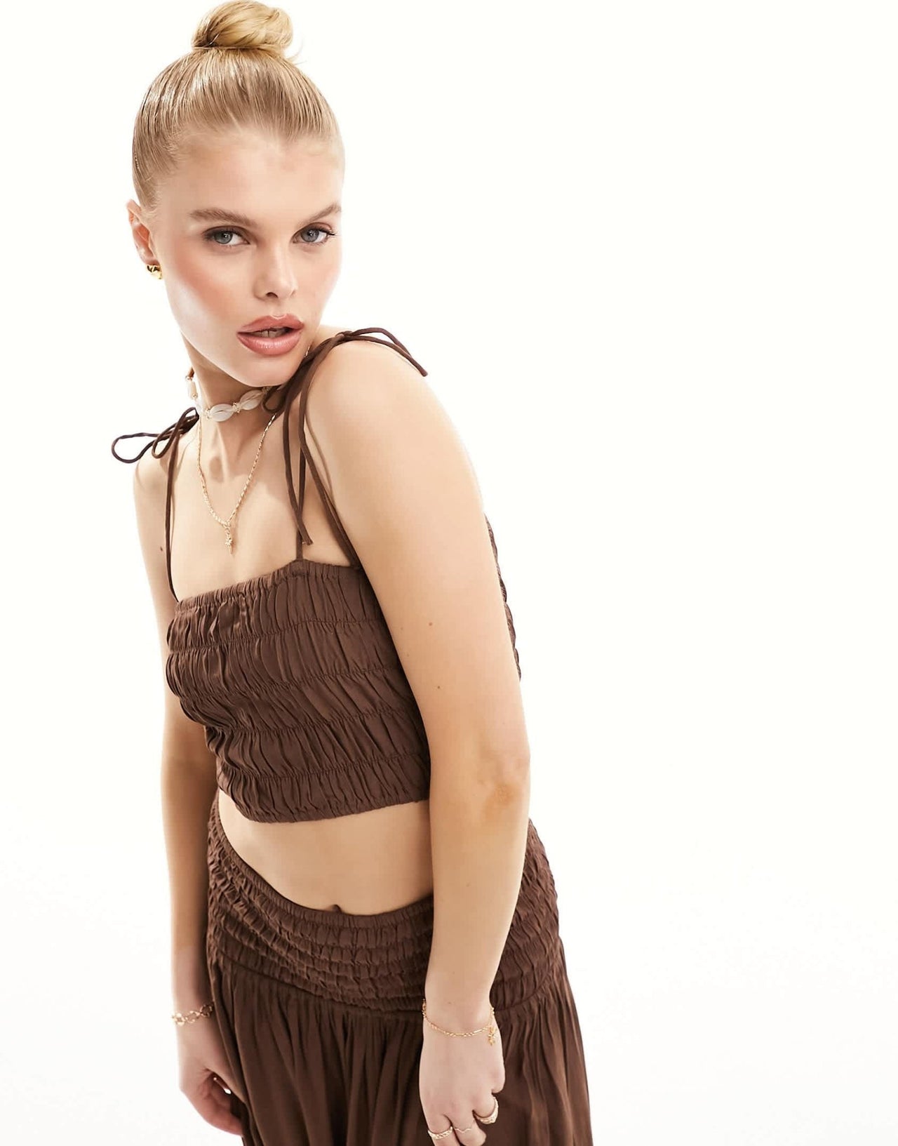 Esmee shirred beach crop top co - ord in brown - ASOS Sample Sale EU Store