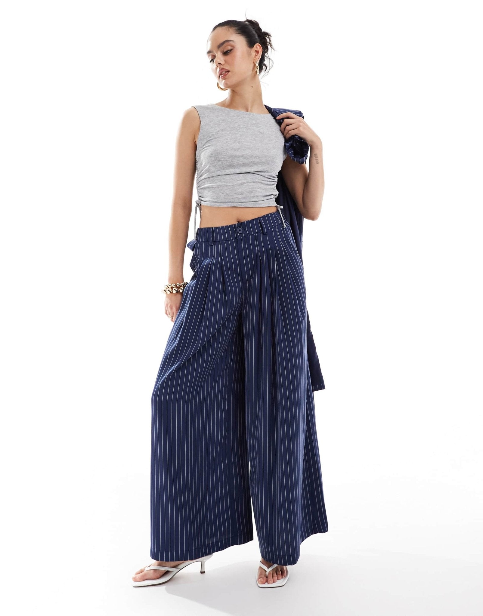 Extro & Vert highwaisted pleated palazzo trousers in blue pinstripe co - ord - ASOS Sample Sale EU Store