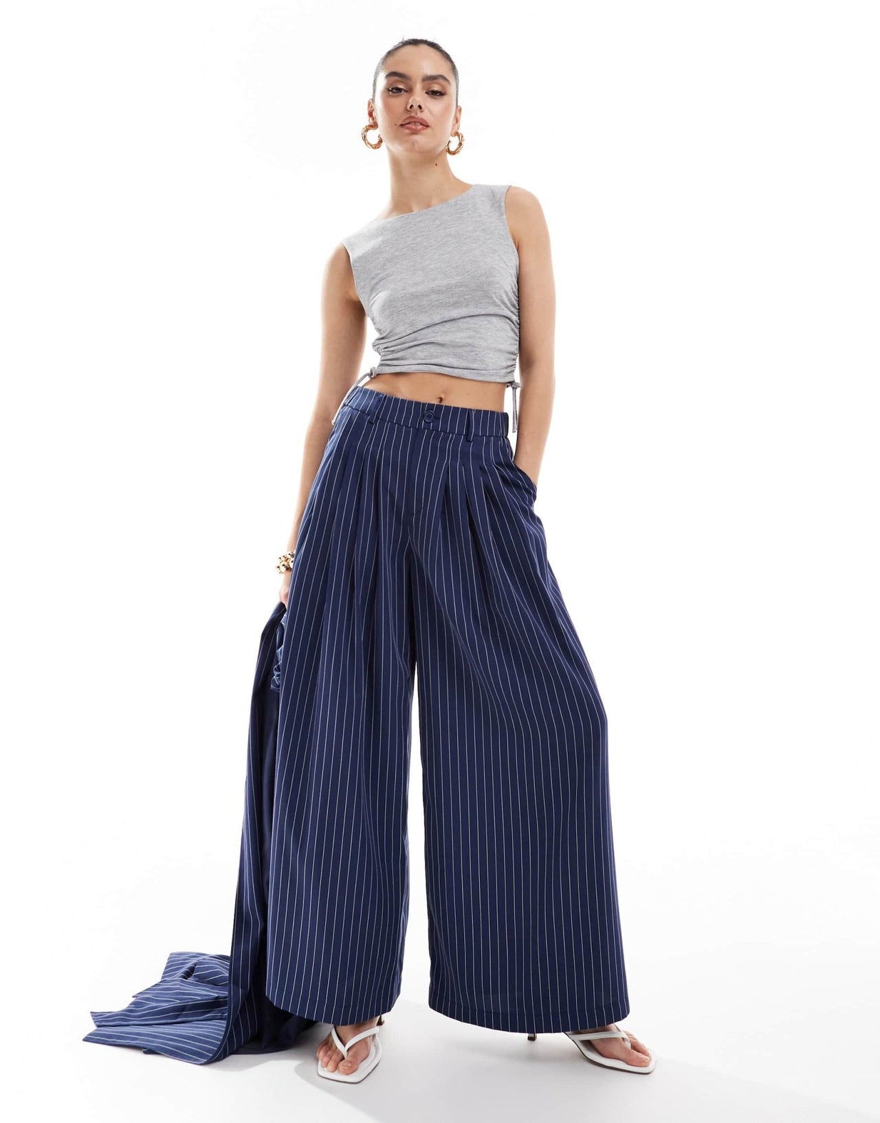 Extro & Vert highwaisted pleated palazzo trousers in blue pinstripe co - ord - ASOS Sample Sale EU Store