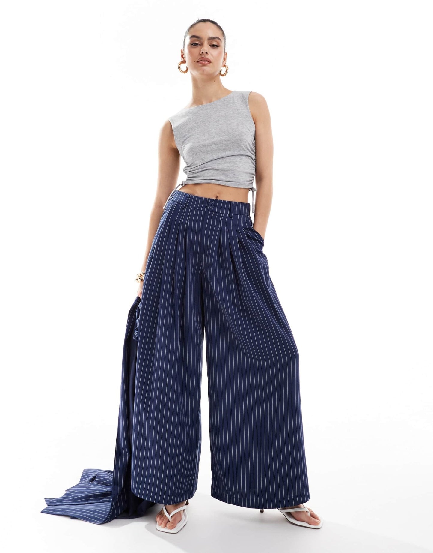 Extro & Vert highwaisted pleated palazzo trousers in blue pinstripe co - ord - ASOS Sample Sale EU Store