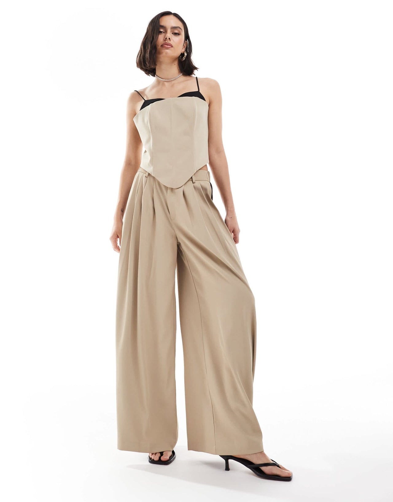 Extro & Vert highwaisted pleated palazzo trousers in stone & black co - ord - ASOS Sample Sale EU Store