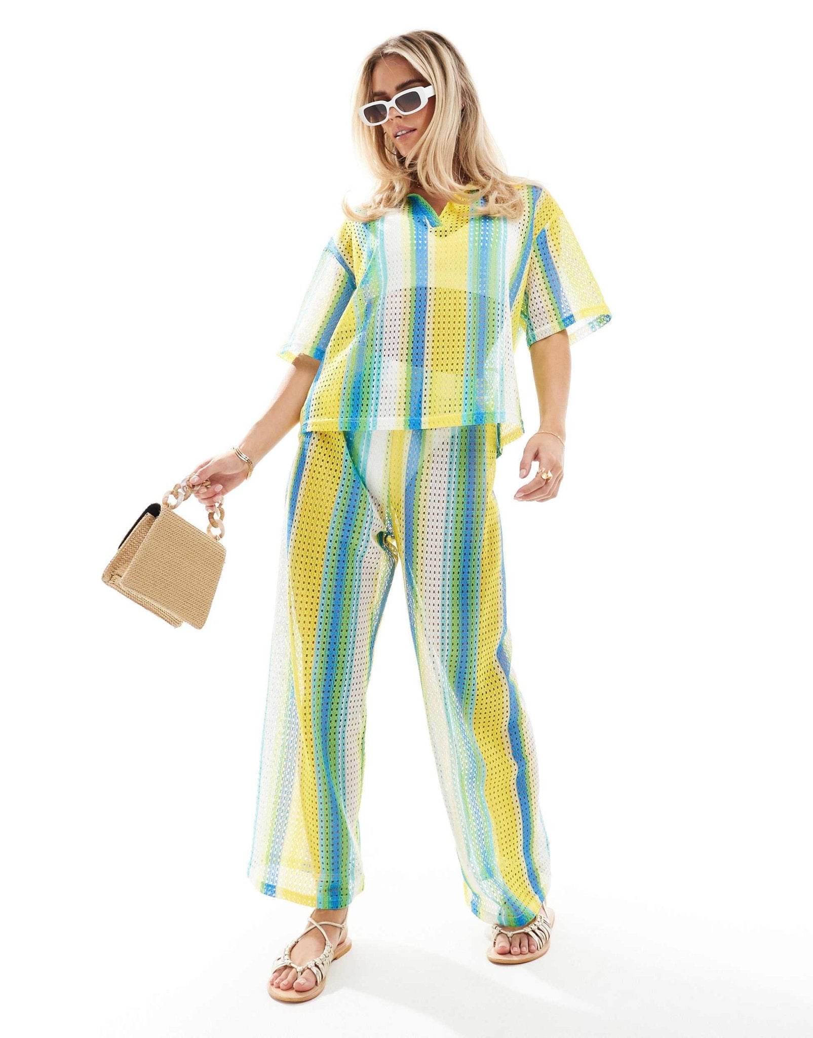 Extro & Vert Petite striped crochet shirt co - ord in multi stripe - ASOS Sample Sale EU Store