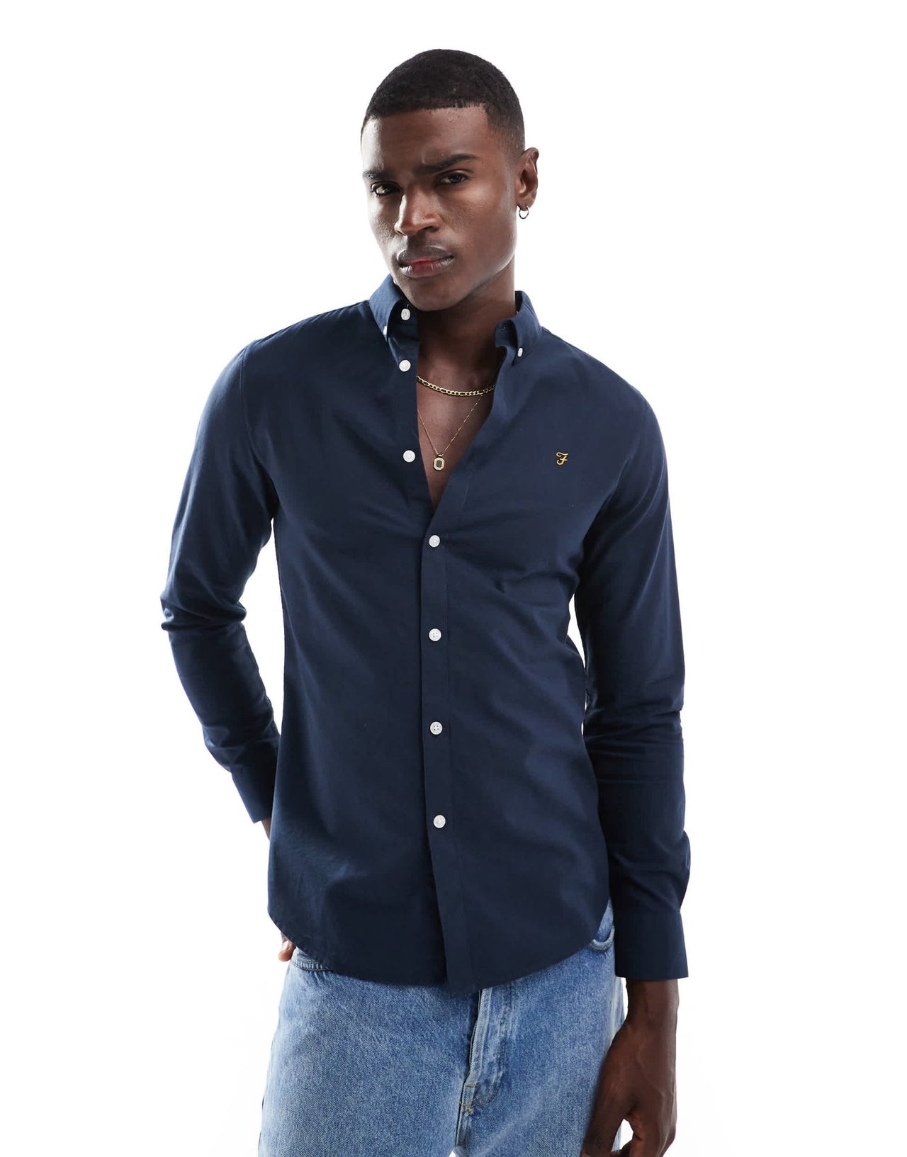 Farah Brewer slim fit oxford longsleeve shirt in navy - ASOS Sample Sale EU Store