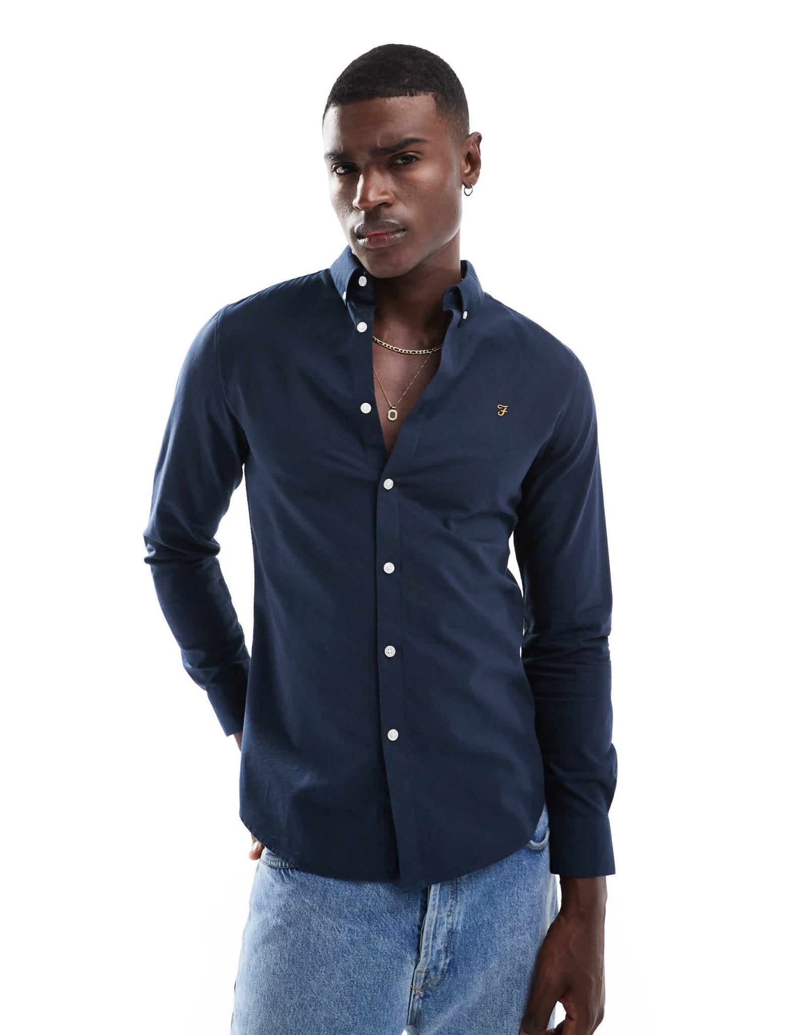 Farah Brewer slim fit oxford longsleeve shirt in navy - ASOS Sample Sale EU Store
