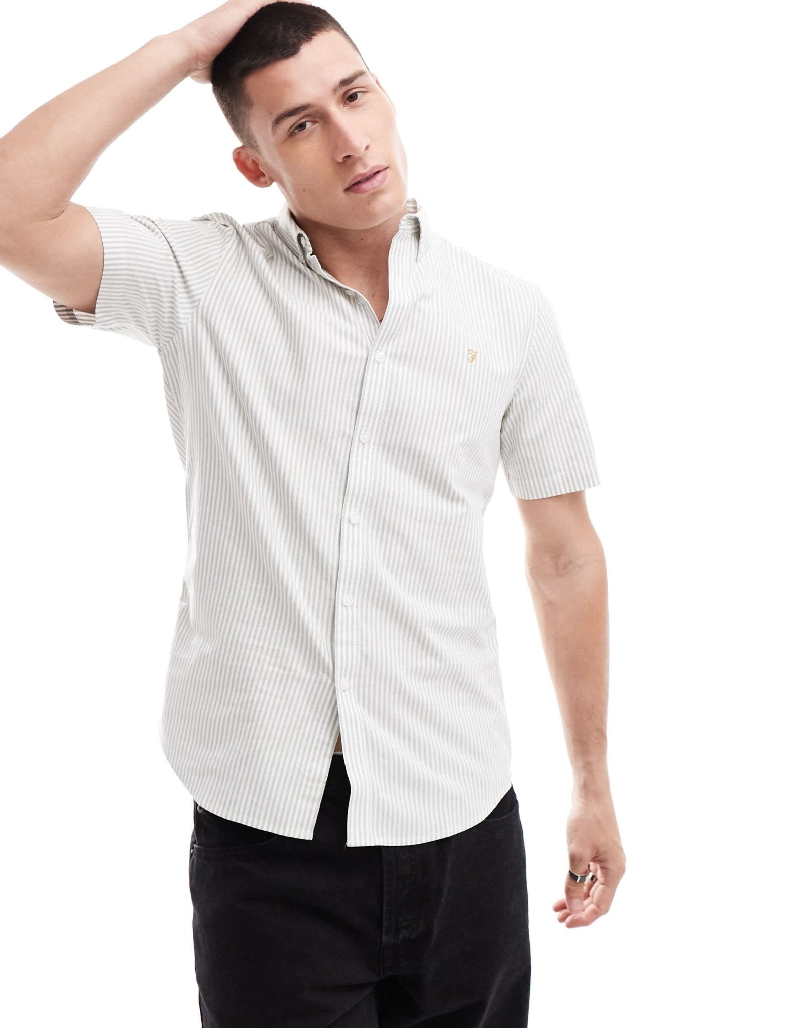 Farah Brewer slim fit stripe short sleeve shirt in white - ASOS Sample Sale EU Store