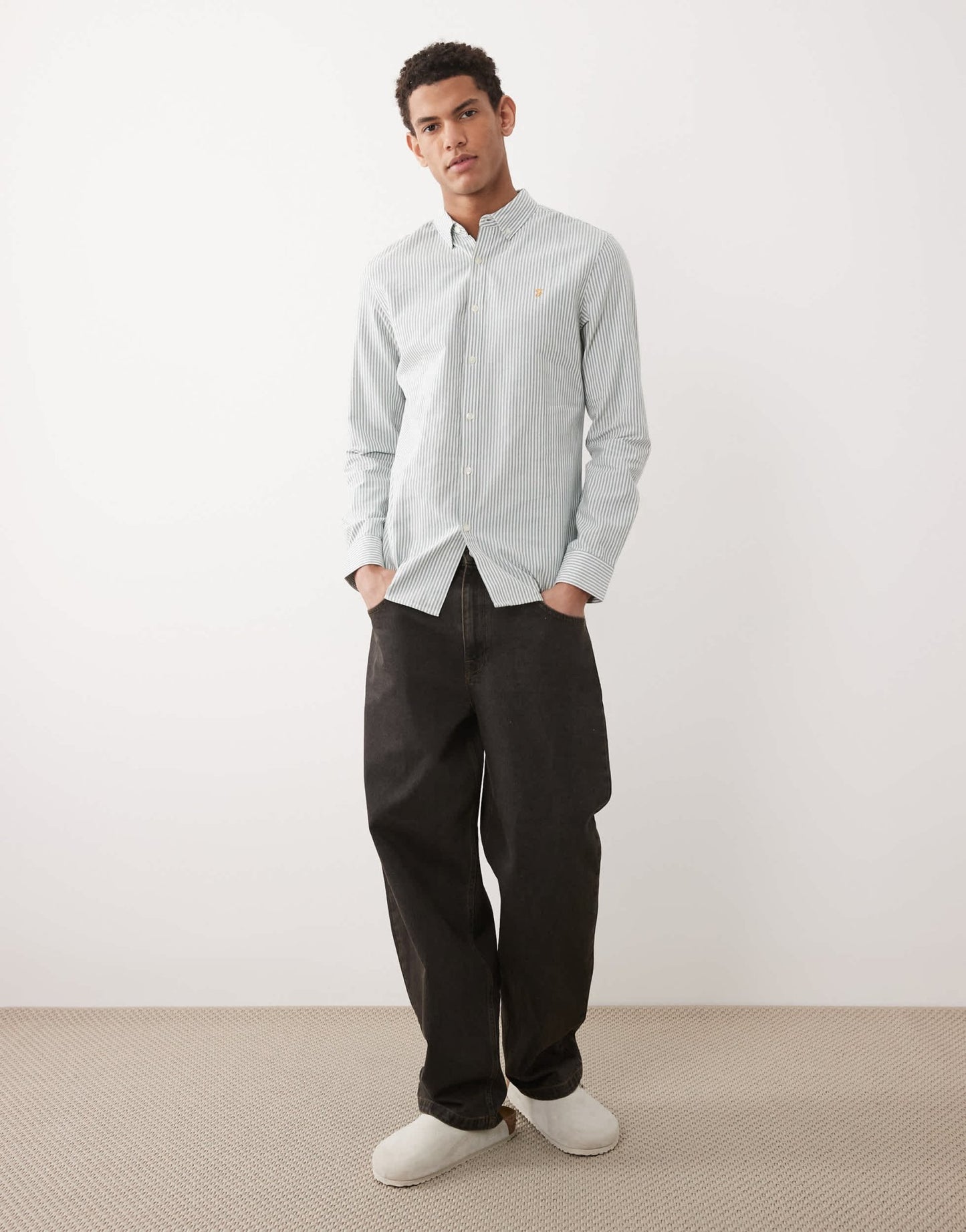 Farah Brewer stripe long sleeve shirt in green and white - ASOS Sample Sale EU Store