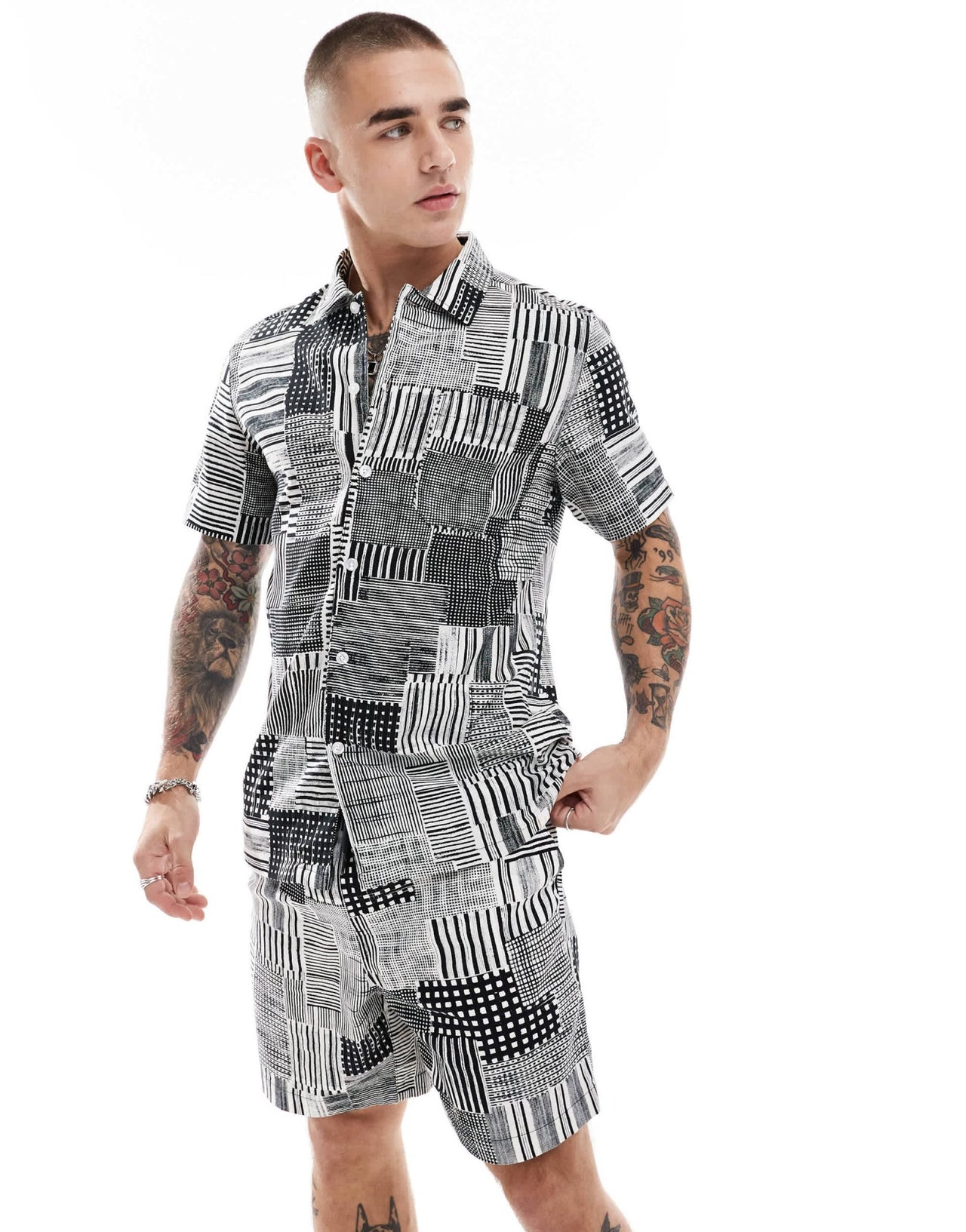 Farah chiltern co - ord short sleeve shirt in black and white archive print - ASOS Sample Sale EU Store