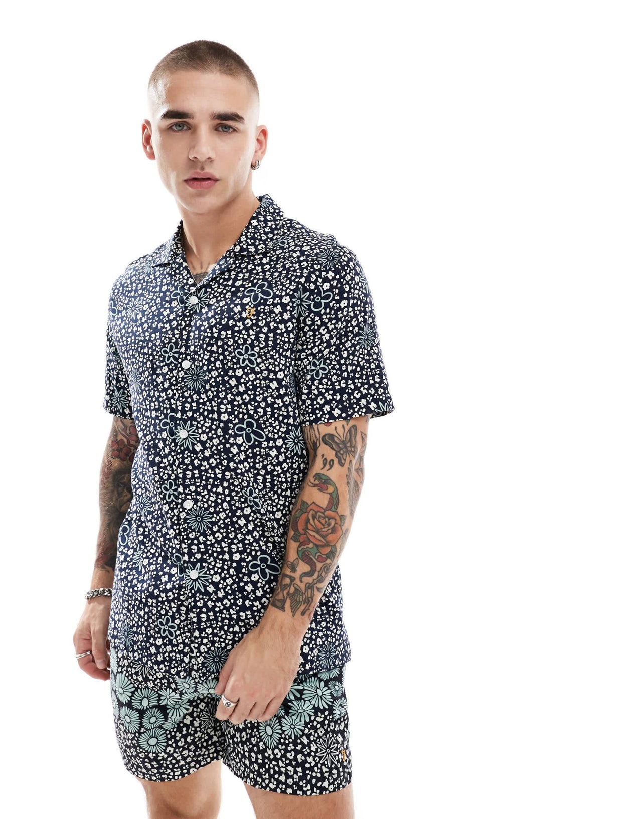 Farah landon co - ord short sleeve revere collared shirt in navy floral print - ASOS Sample Sale EU Store