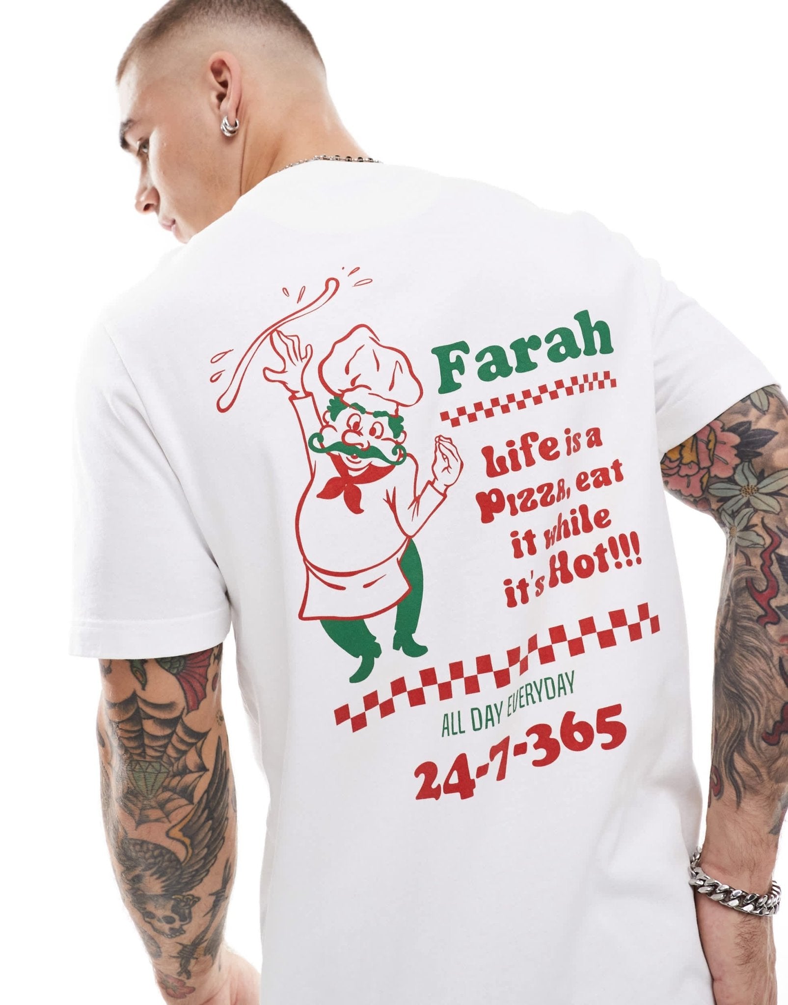 Farah powis t-shirt in white with pizzeria chest and back print - ASOS Sample Sale EU Store