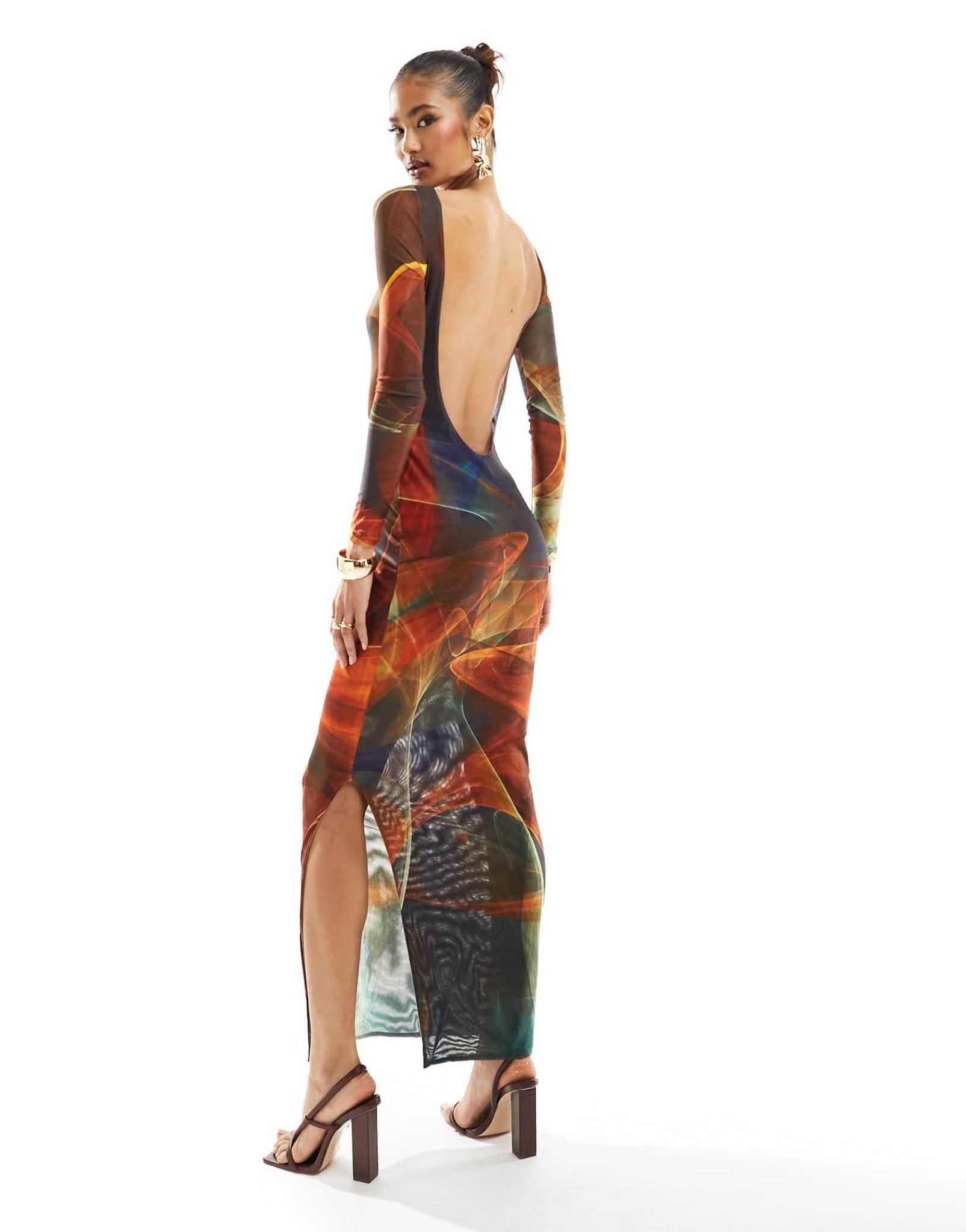 Farai London Anayah mesh long sleeve backless column maxi dress in red ombre - ASOS Sample Sale EU Store
