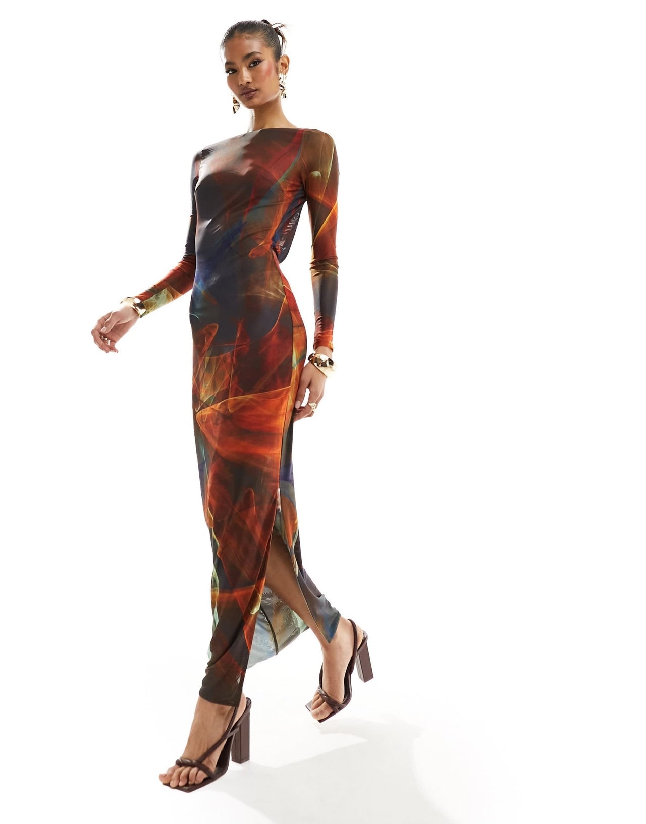 Farai London Anayah mesh long sleeve backless column maxi dress in red ombre - ASOS Sample Sale EU Store
