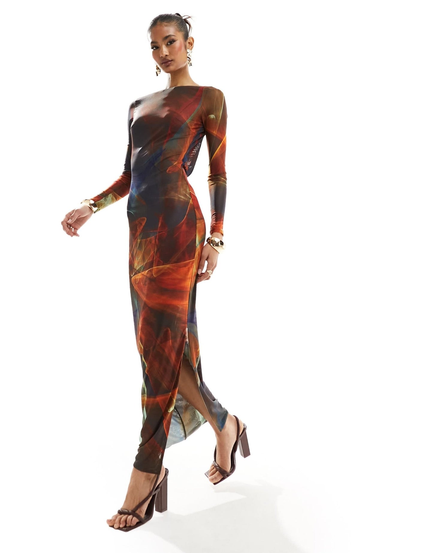 Farai London Anayah mesh long sleeve backless column maxi dress in red ombre - ASOS Sample Sale EU Store