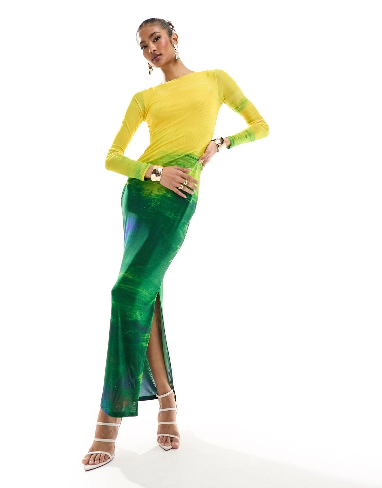 Farai London Aphrodite mesh long sleeve maxi dress in yellow and green ombre - ASOS Sample Sale EU Store