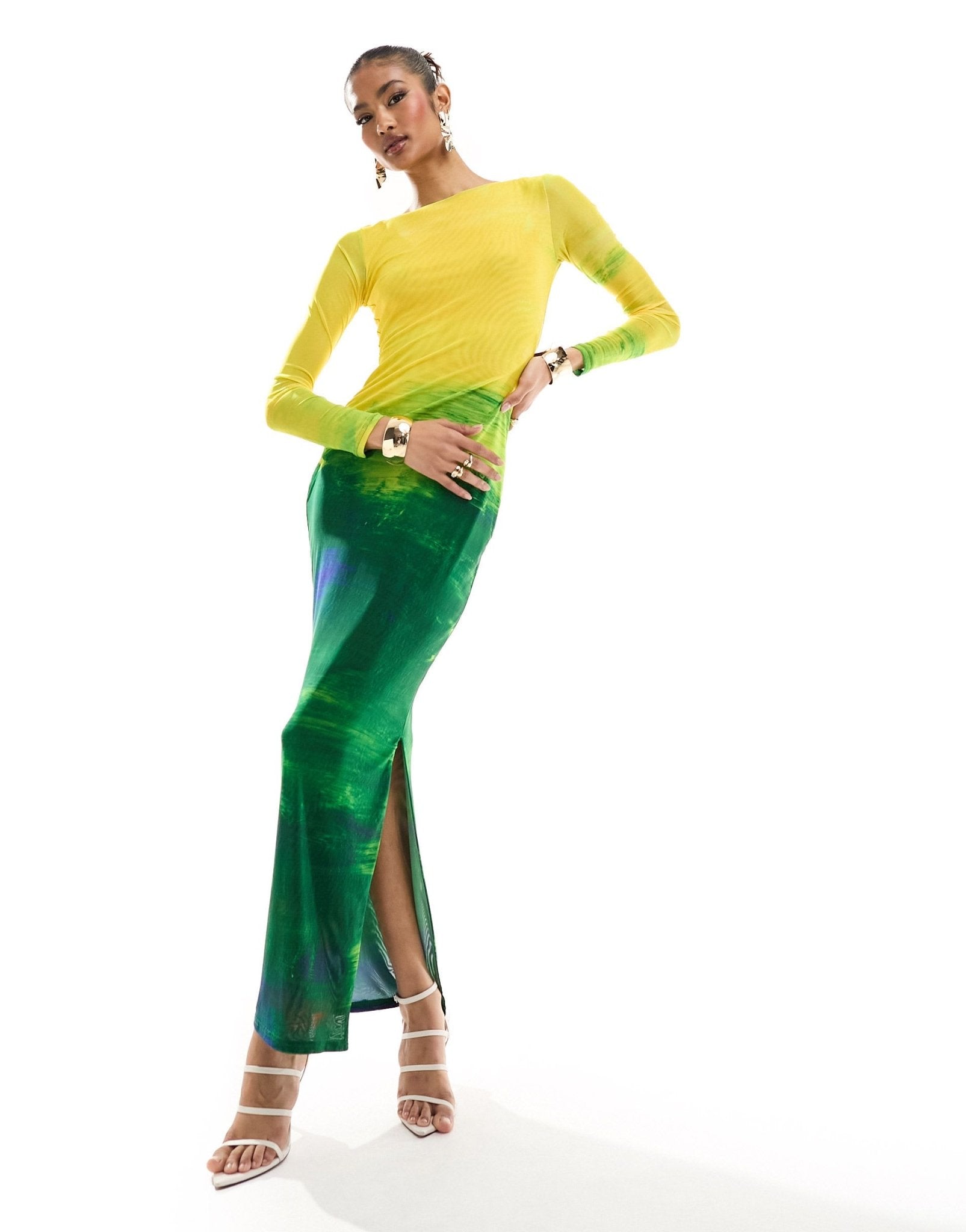 Farai London Aphrodite mesh long sleeve maxi dress in yellow and green ombre - ASOS Sample Sale EU Store