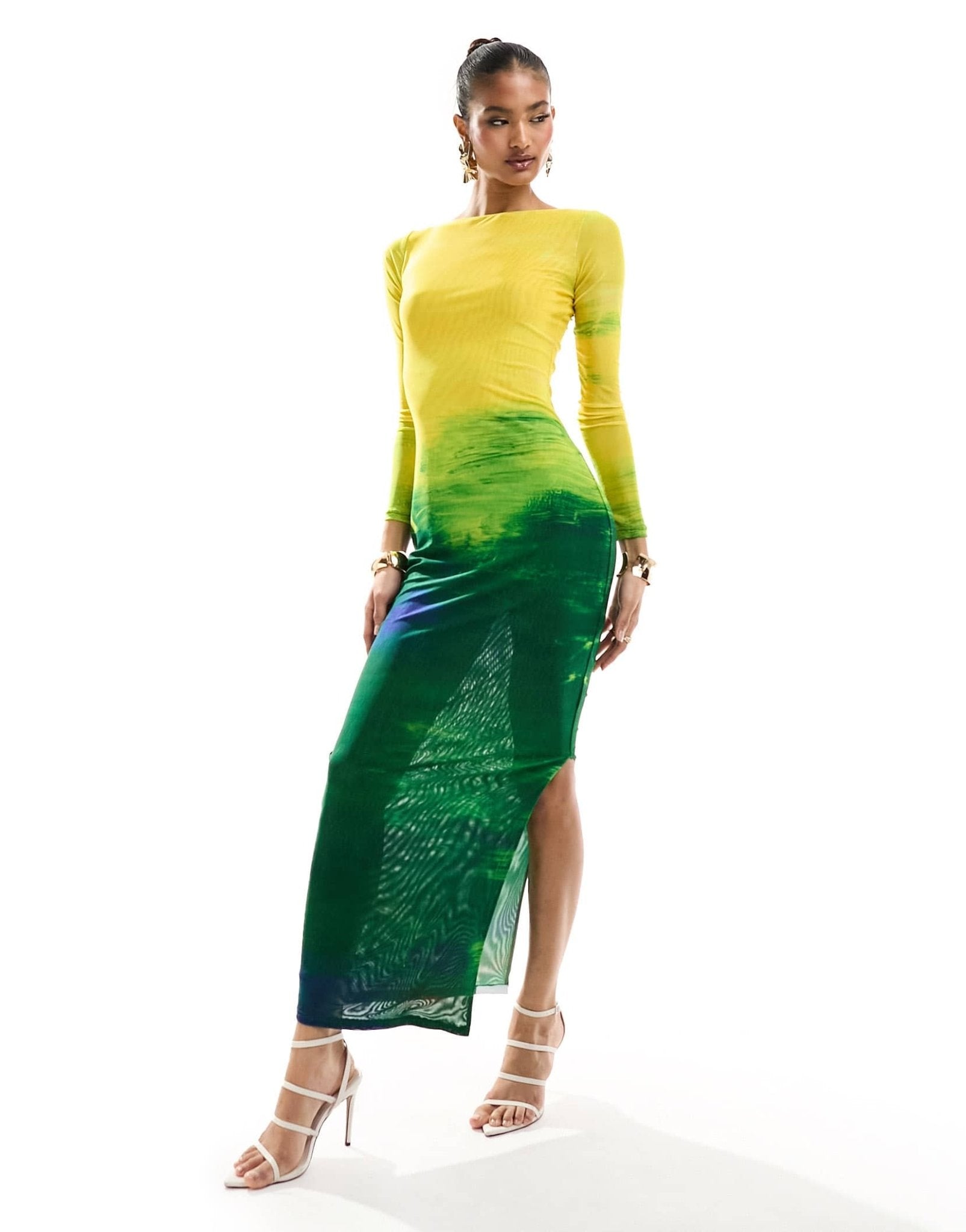 Farai London Aphrodite mesh long sleeve maxi dress in yellow and green ombre - ASOS Sample Sale EU Store