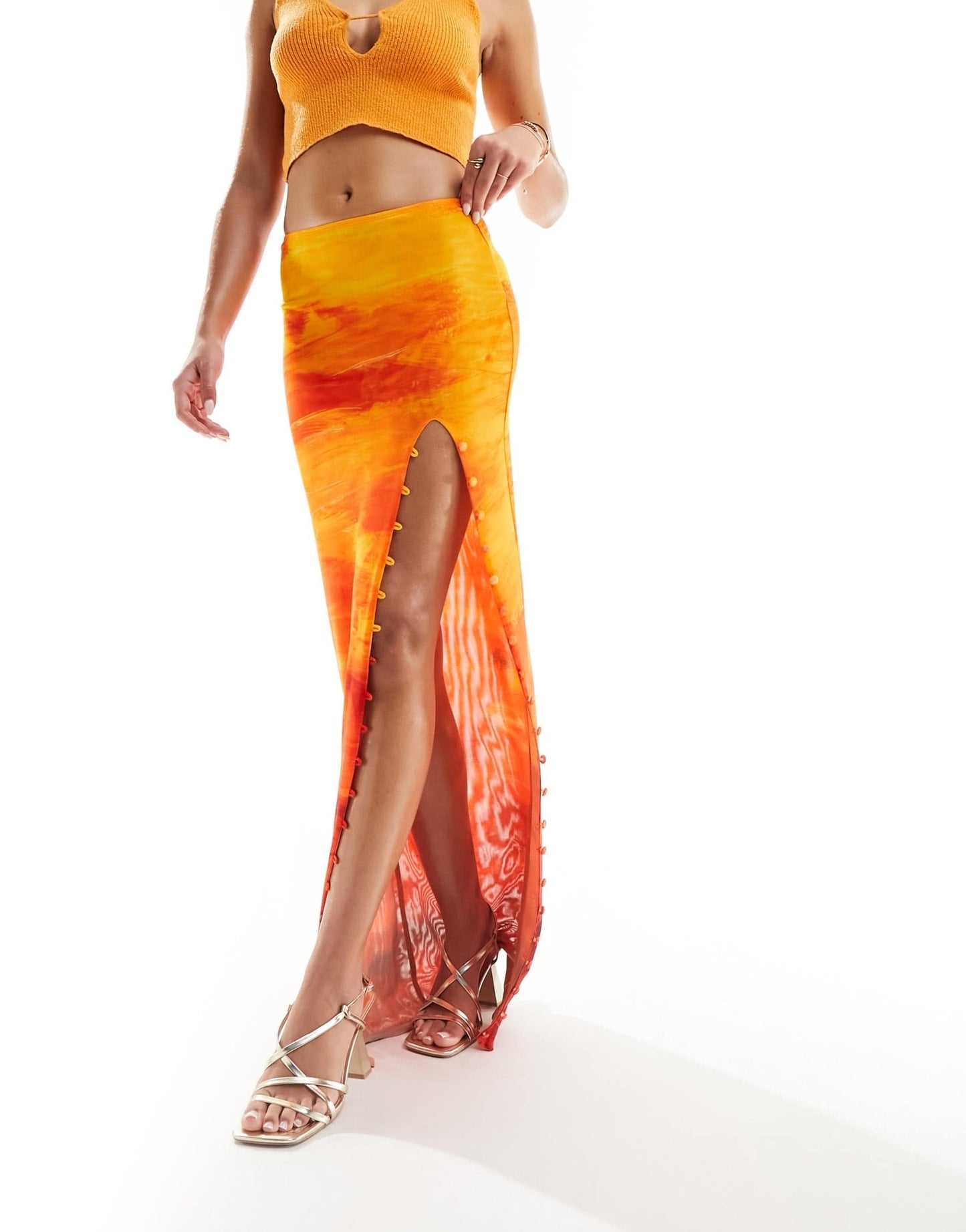 Farai London Carina mesh thigh split button through maxi skirt in orange ombre - ASOS Sample Sale EU Store