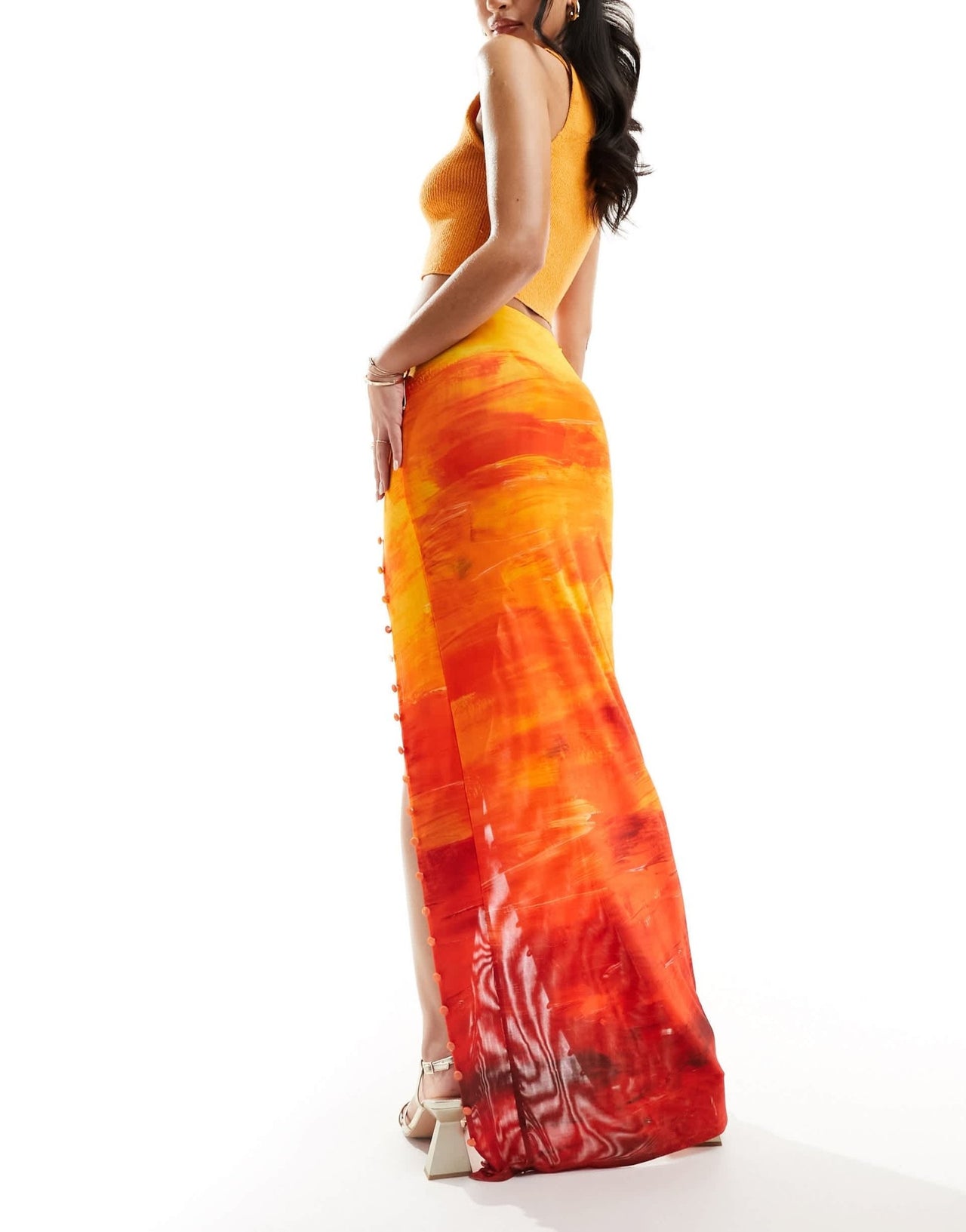 Farai London Carina mesh thigh split button through maxi skirt in orange ombre - ASOS Sample Sale EU Store