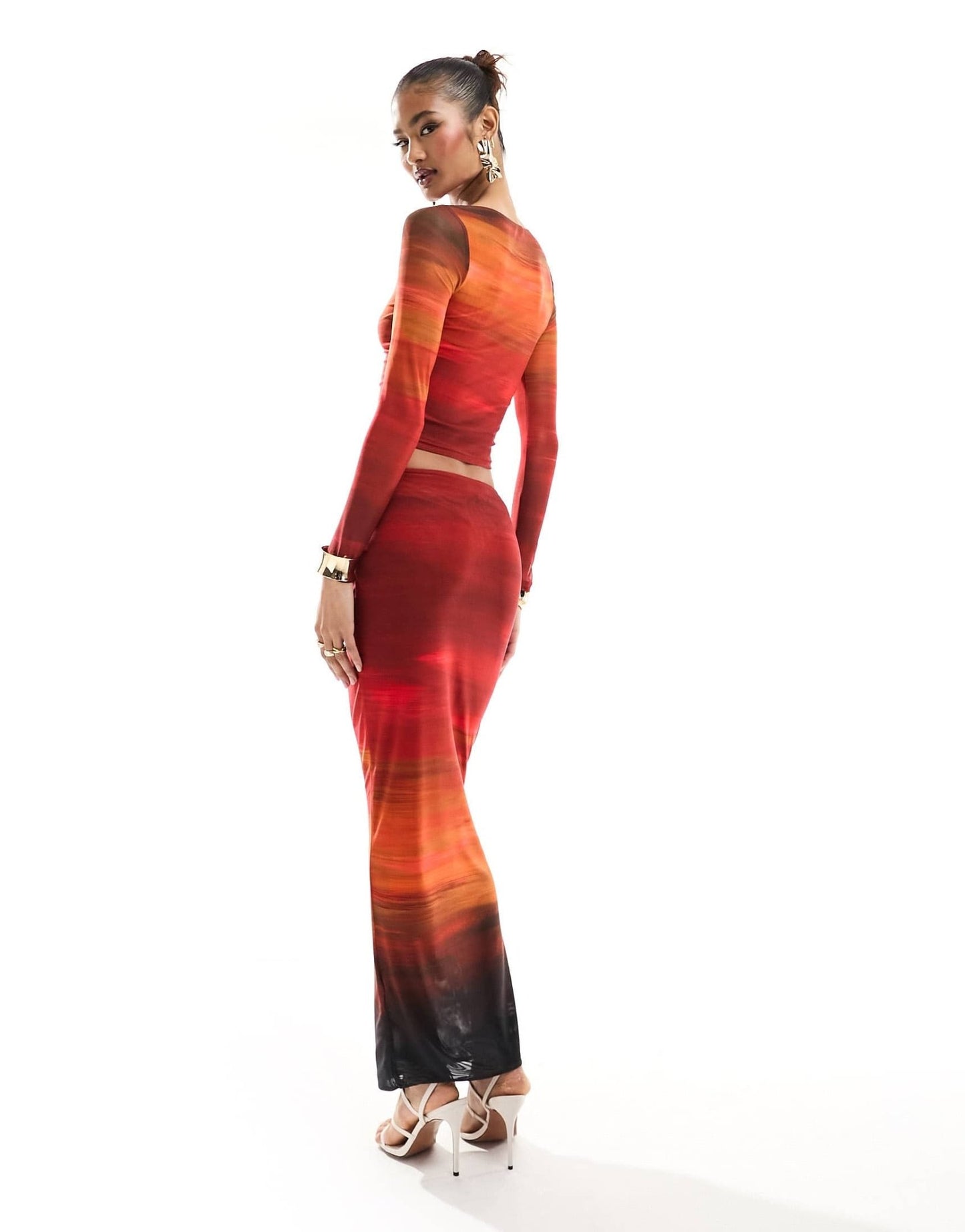 Farai London Cleo mesh long sleeve top and midi skirt set in red ombre - ASOS Sample Sale EU Store
