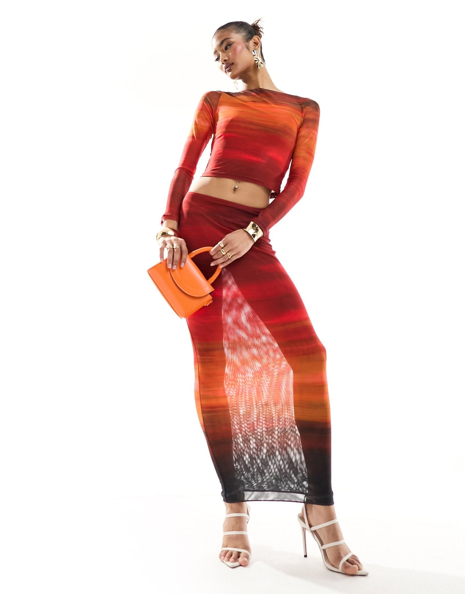 Farai London Cleo mesh long sleeve top and midi skirt set in red ombre - ASOS Sample Sale EU Store