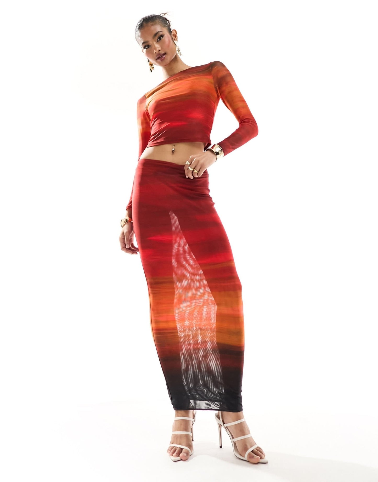 Farai London Cleo mesh long sleeve top and midi skirt set in red ombre - ASOS Sample Sale EU Store