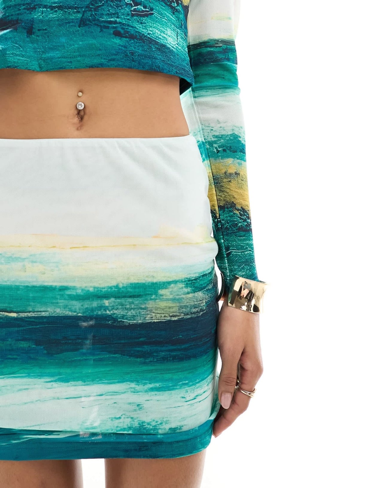 Farai London Clio mesh long sleeve top and mini skirt set in white and teal brushstroke - ASOS Sample Sale EU Store