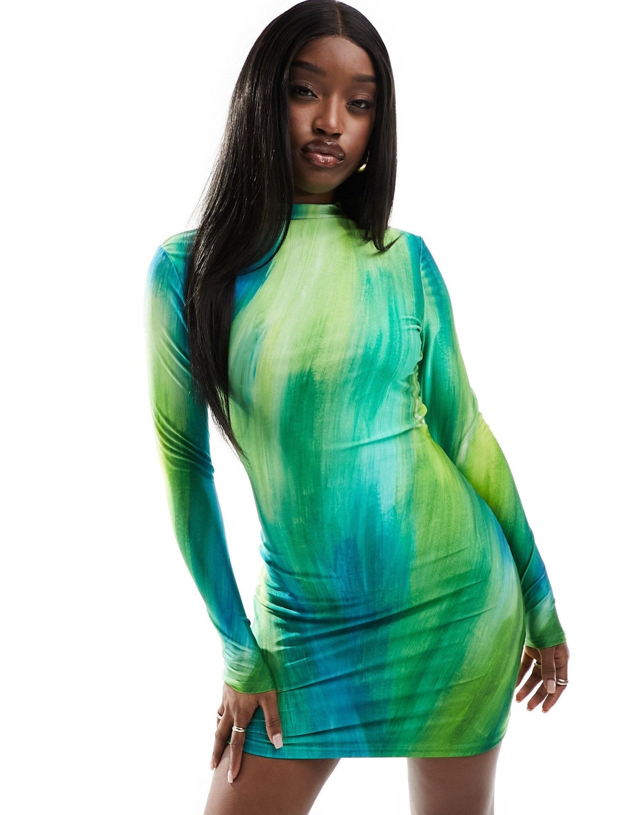 Farai London Opehlia high neck long sleeve bodycon mini dress in green ombre - ASOS Sample Sale EU Store