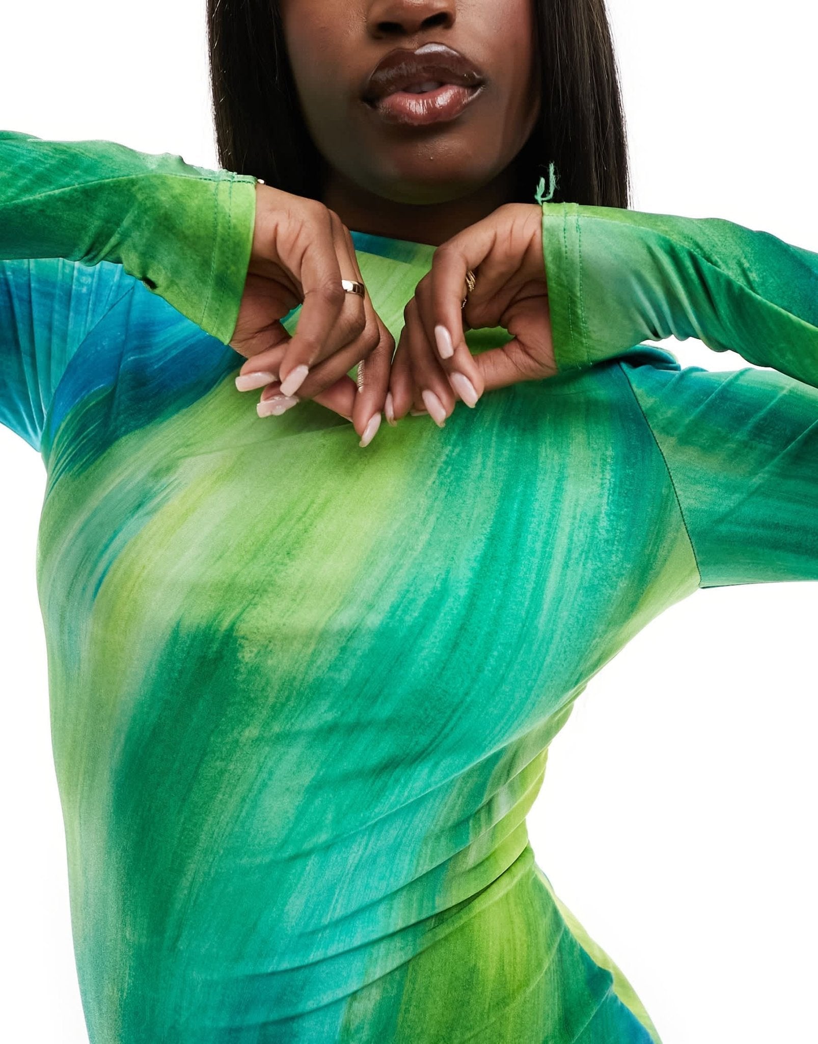 Farai London Opehlia high neck long sleeve bodycon mini dress in green ombre - ASOS Sample Sale EU Store